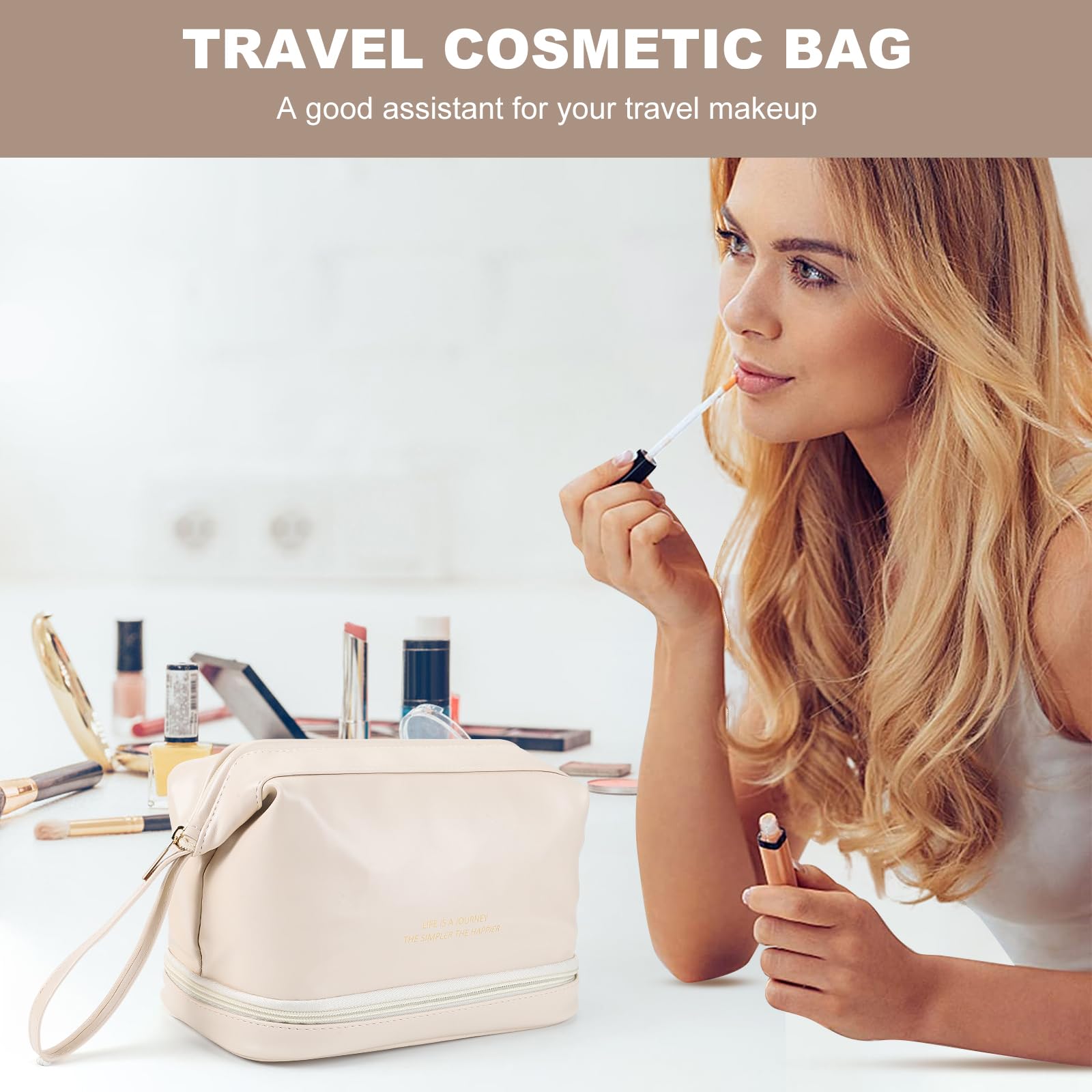 Premium Leather Cosmetic Travel Bag for Women - Double Layer Large Makeup Organizer with Waterproof Toiletry Pouch | Perfect for Vacation, Business Trips & Gym Essentials (White)