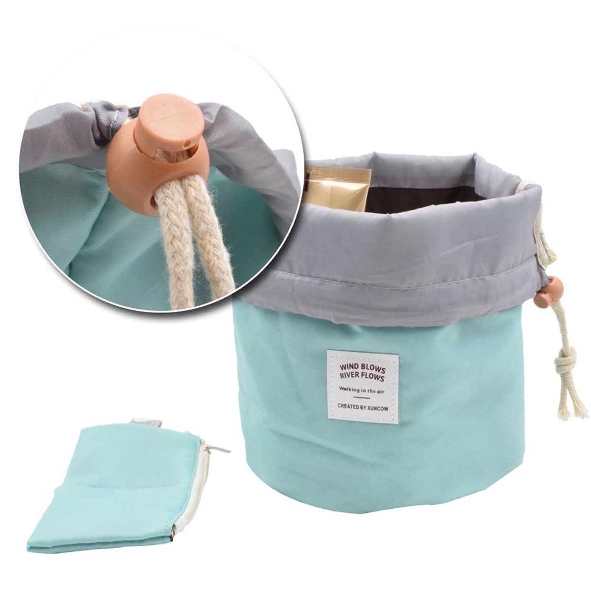 INVODA Large Waterproof Travel Makeup Bag for Women - Barrel Shaped Cosmetic Organizer with Drawstring, Soft Multifunctional Toiletry Pouch (Green) | Perfect for Vacation, Gym, Beach & Daily Essentials Storage