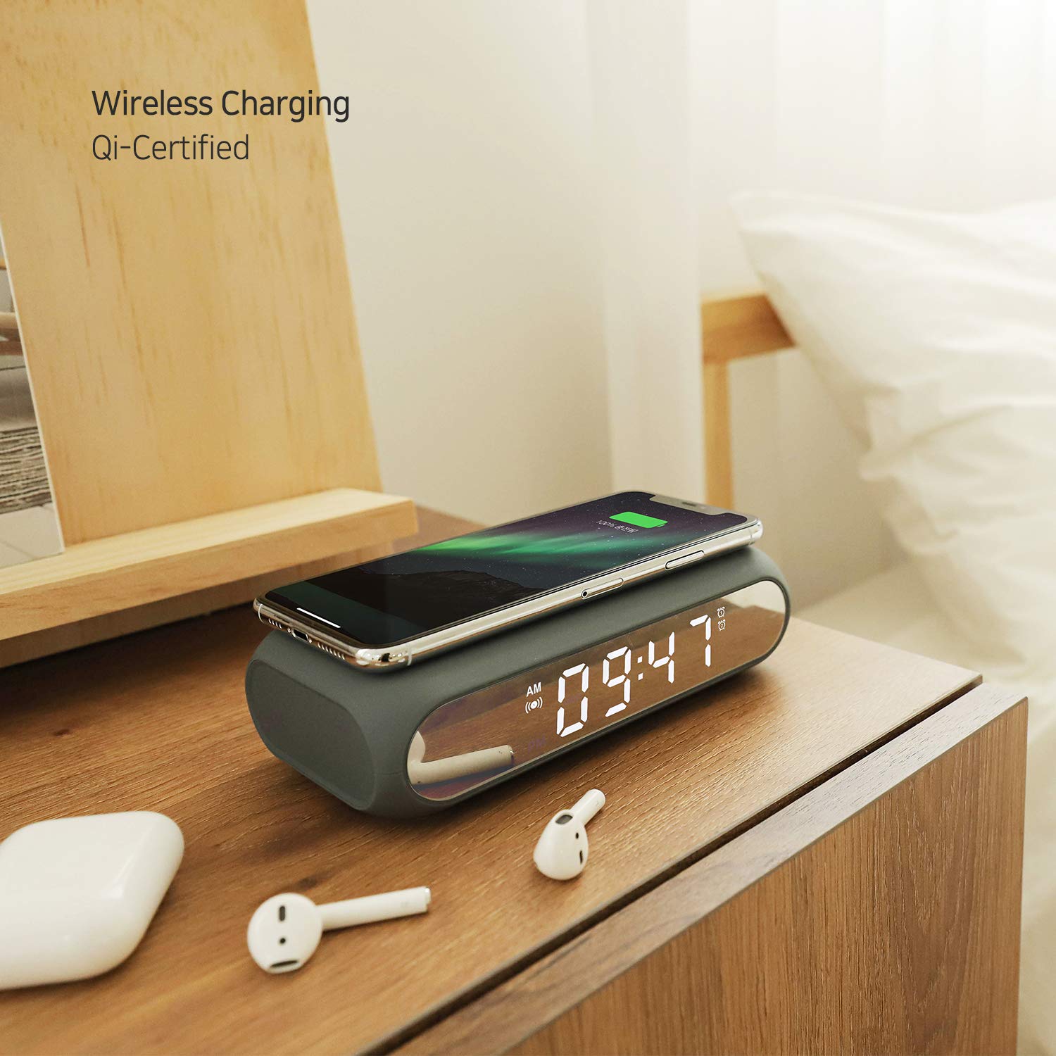 Mooas Qi Wireless Charging Digital Alarm Clock with Mirror - Slim Desk Clock for Bedroom, Office, Nightstand | Fast 10W Charger for iPhone 15/14/13 Pro, Samsung Galaxy S24/S23/S22, AirPods | USB Port & LED Display (Charcoal Gray) - Perfect for Home, Office, Travel and Gift Giving