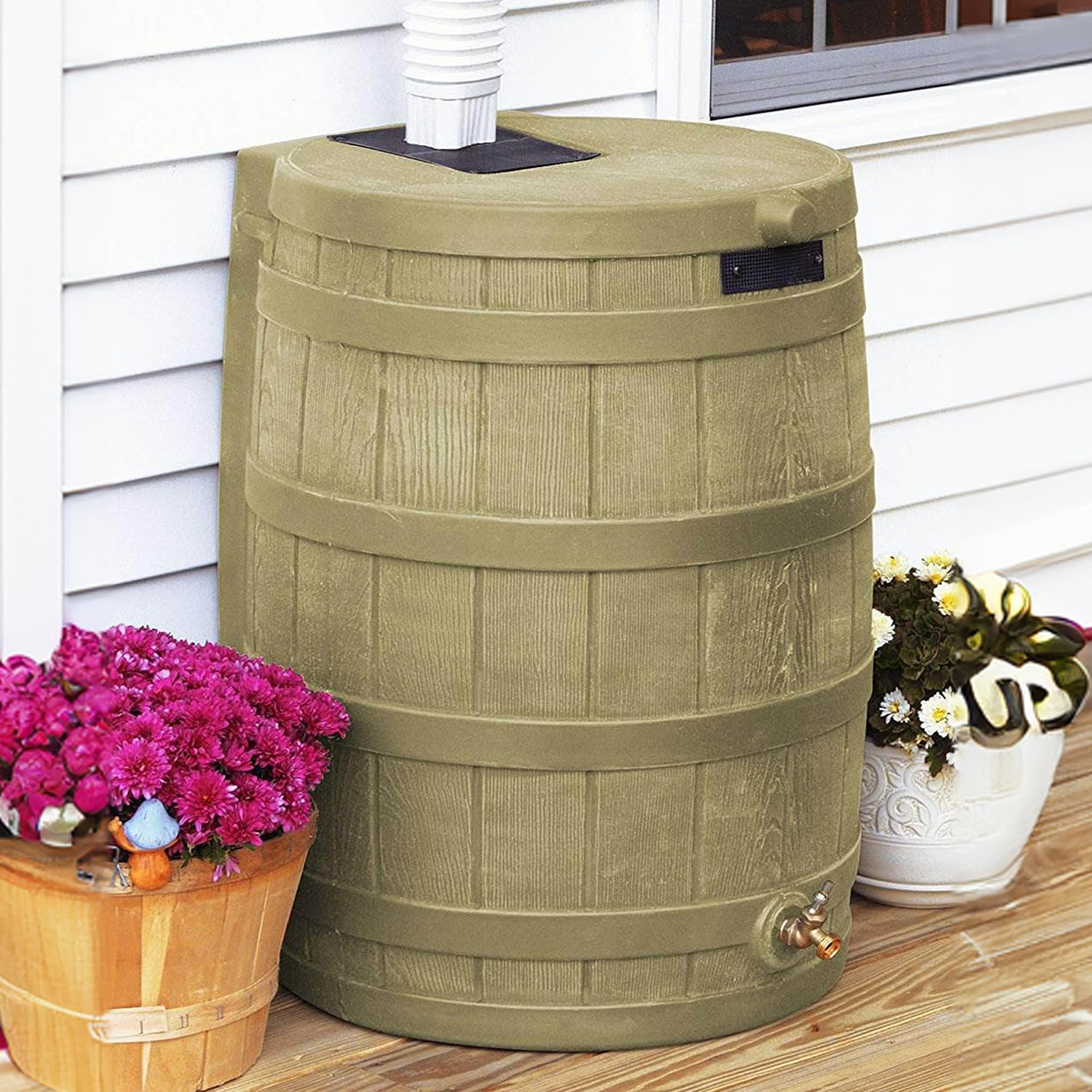 Good Ideas Rain Wizard 50 Gallon Plastic Rain Barrel with Brass Spigot - Water Collector for Garden & Outdoor Use (Khaki, 2 Pack) - Perfect for Eco-Friendly Water Conservation & Landscaping