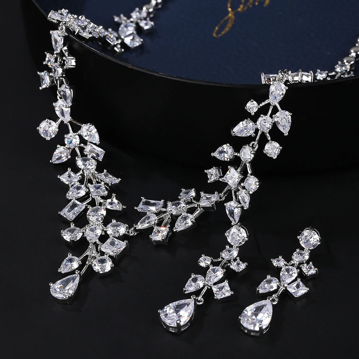 Elegant CZ Necklace and Earrings Jewelry Set for Women - Bridal Wedding Party Accessories - European Style Crystal Jewelry - Perfect for Prom, Evening Dresses & Special Occasions