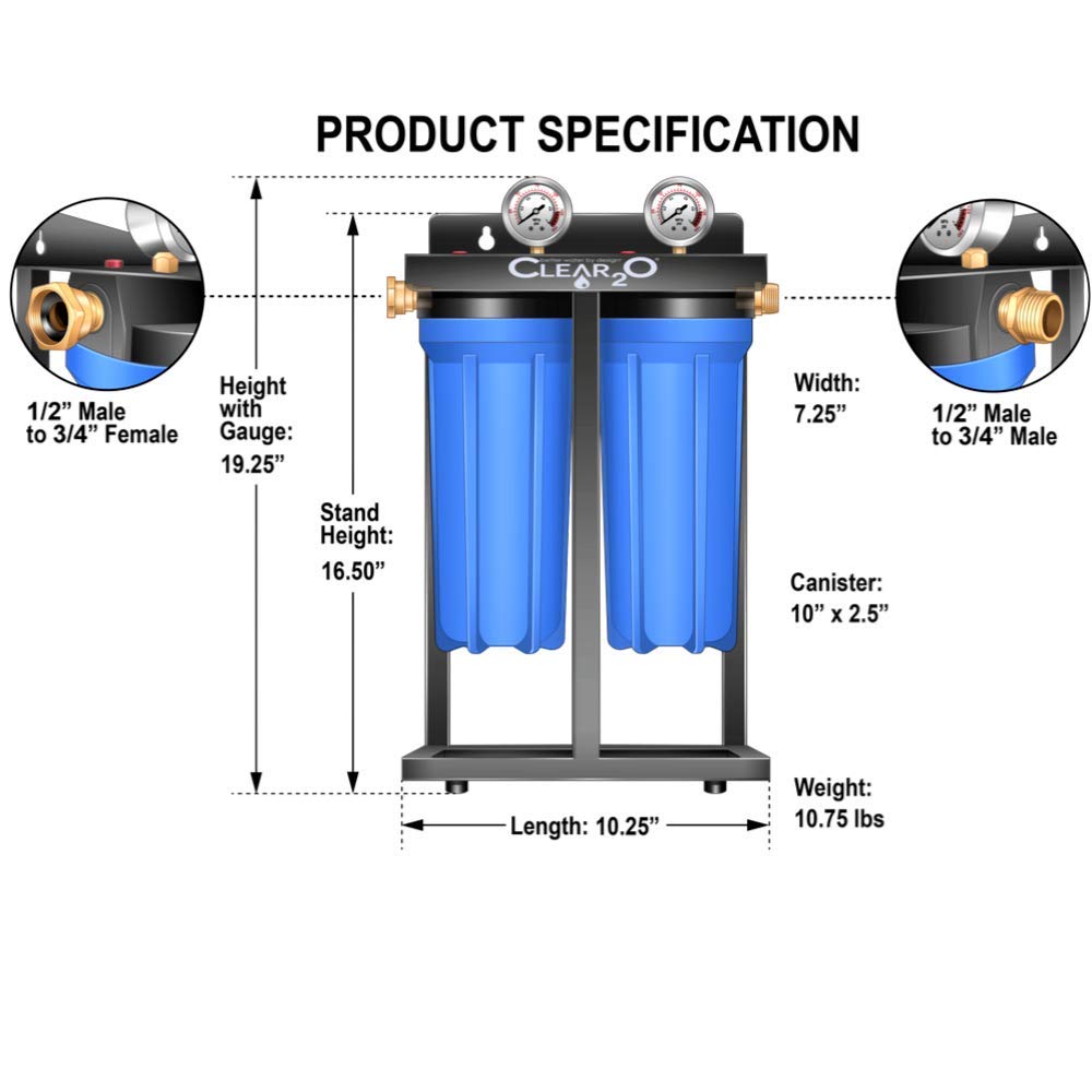 Clear2o® CDC200 Dual Canister Water Filtration System - Superior Filtration for Home & RV - Mountable & Built-in Stand - Long-Lasting Water Purifier for Drinking, Cooking & Emergency Preparedness