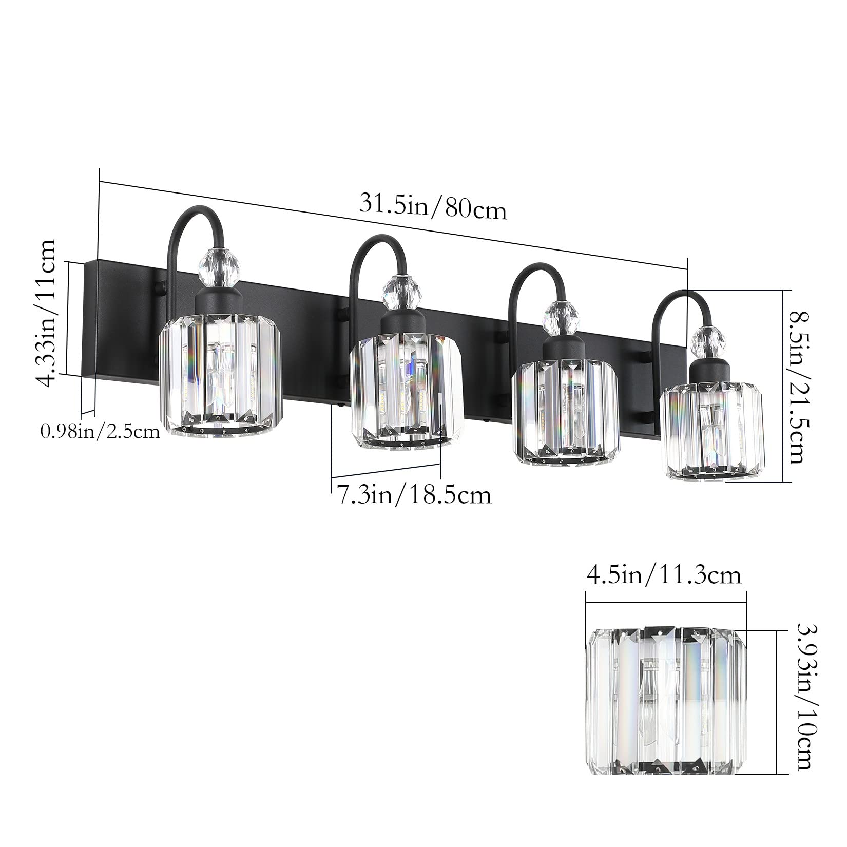 Ralbay Modern Black 4-Light Crystal Vanity Lights for Bathroom - Matte Black Wall Sconce with Crystal Accents - Perfect for Bathroom, Dressing Room & Bedroom Lighting