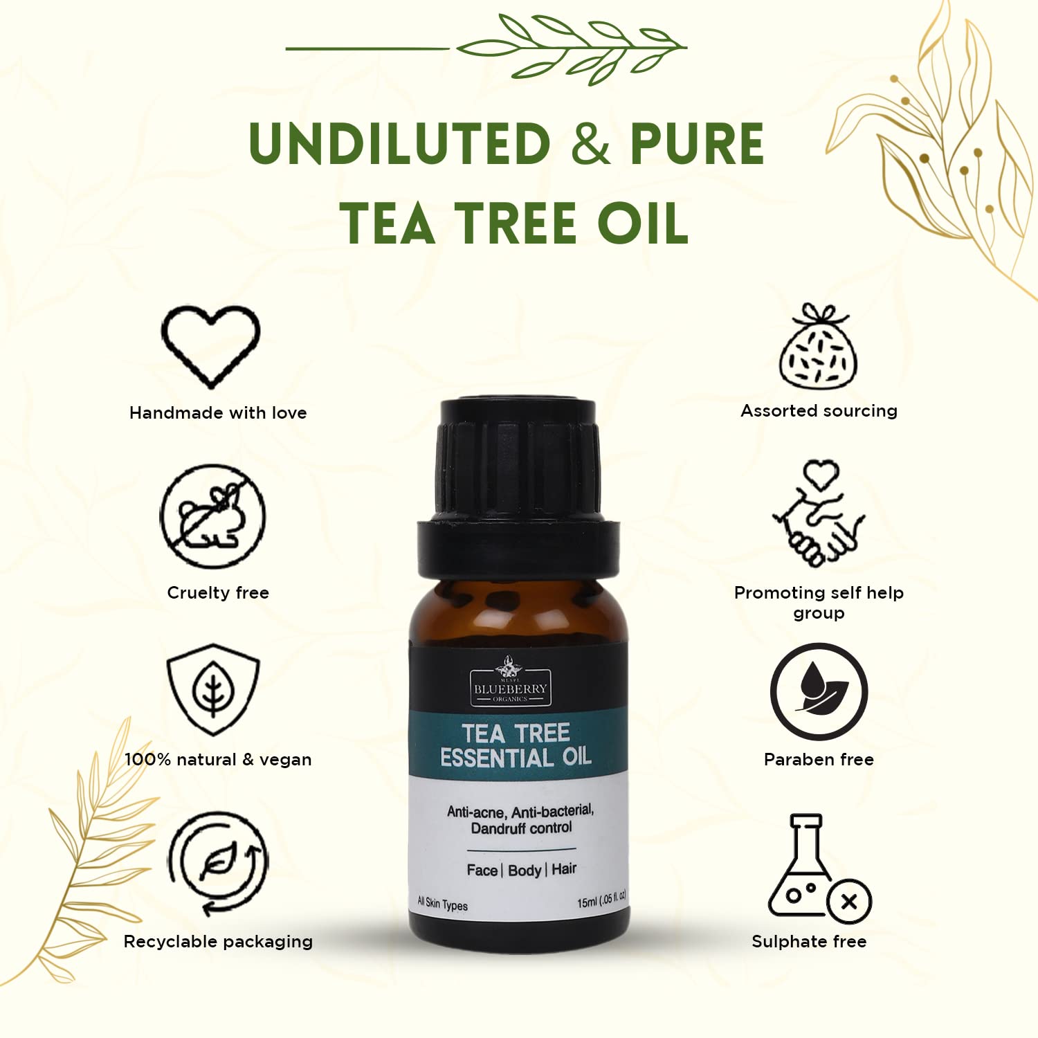 MLSPL Organic Tea Tree Essential Oil for Skin, Hair & Acne Treatment - 100% Pure Natural Aromatherapy Oil for Face Care, Scalp Health & Blemish Relief - 15ml Bottle - Perfect for DIY Beauty, Massage & Home Spa