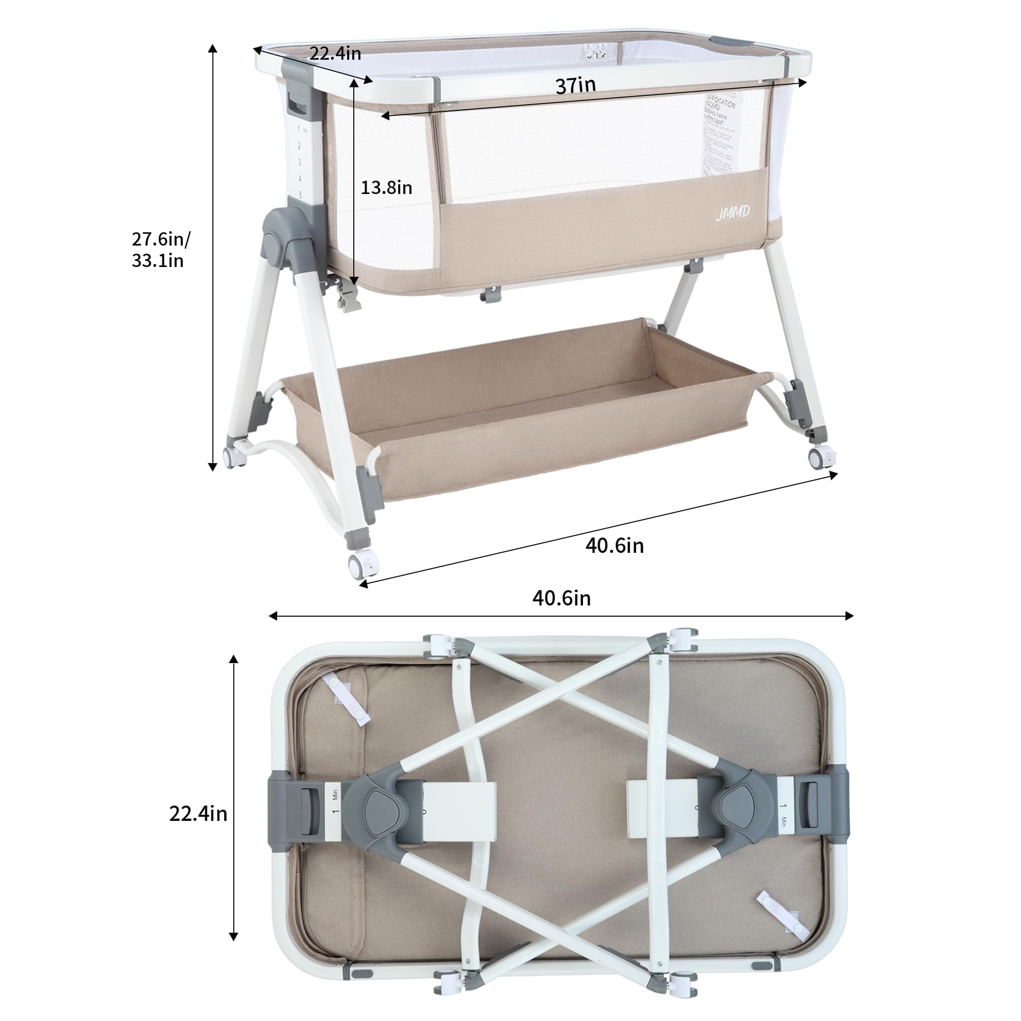 JMMD 3-in-1 Adjustable Baby Bassinet Bedside Sleeper - 6 Height Levels, Foldable & Portable Crib for Newborns & Infants (Khaki) | Perfect for Nursery, Bedroom Co-Sleeping & Travel
