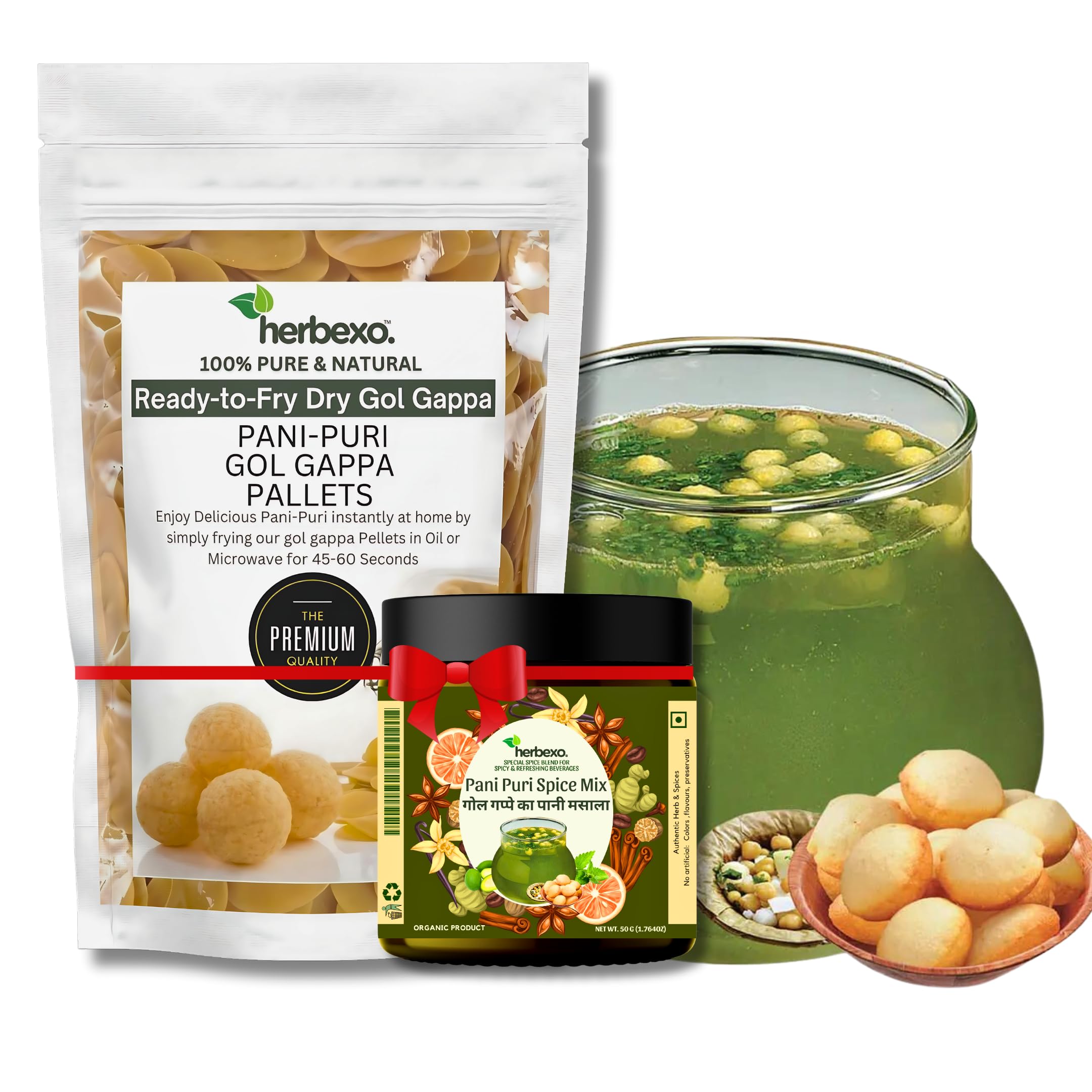 **Herbexo Pani Puri Ready-to-Fry/Bake Pellets (250g) - Instant Golgappa Papdi with Free Pani Masala Mix | Authentic Indian Street Snack | Microwave & Air Fryer Friendly | Perfect for Parties, Quick Snacks & Family Gatherings**