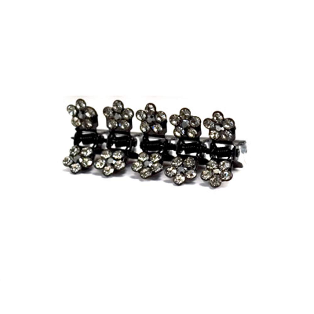 Elegant Rhinestone Crystal Hair Claw Clips - Set of 5 Small Decorative Petal Jaw Clips (Black) | Perfect for Bridal, Prom, Party Hairstyles & Everyday Elegance