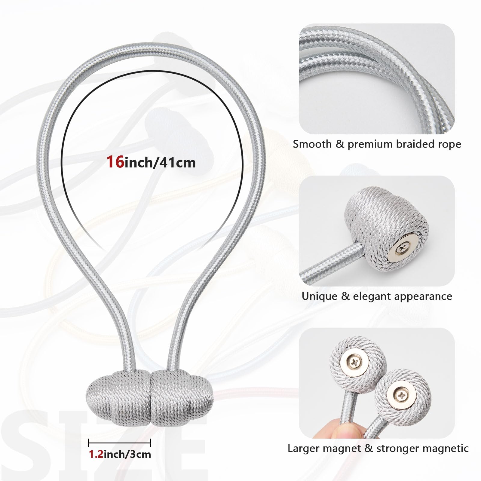 2 Pack Strong Magnetic Curtain Tiebacks - 16 Inch Handwoven Rope Holdbacks for Windows - Modern Elegant Drape Holders for Home & Outdoor Decor (Grey) | Perfect for Living Room, Bedroom, and Patio Window Treatments