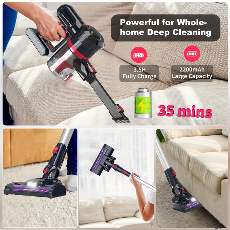 210W Brushless Motor Cordless Vacuum Cleaner - 4-in-1 Powerful Lightweight Rechargeable Vacuum with 2200mAh Battery (35 Min Runtime) for Pet Hair, Hard Floors & Carpets | Perfect for Home Cleaning & Quick Pickups