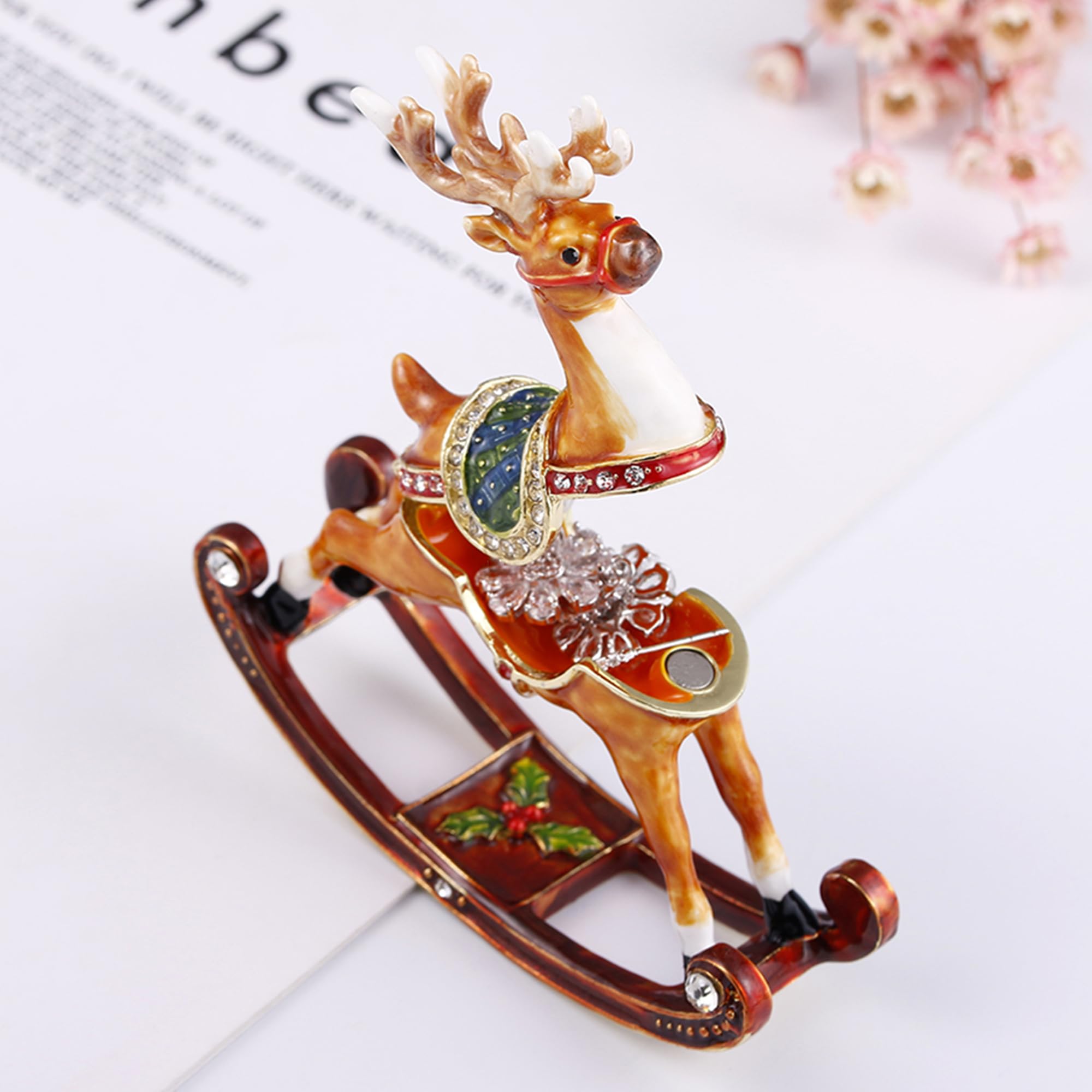 Hand Painted Enamel Reindeer Jewelry Box - Hinged Trinket Box for Rings & Necklaces, Classic Bejeweled Storage Organizer, Collectible Figurine Home Decor Gift | Perfect for Christmas Decor, Jewelry Storage & Keepsake Display