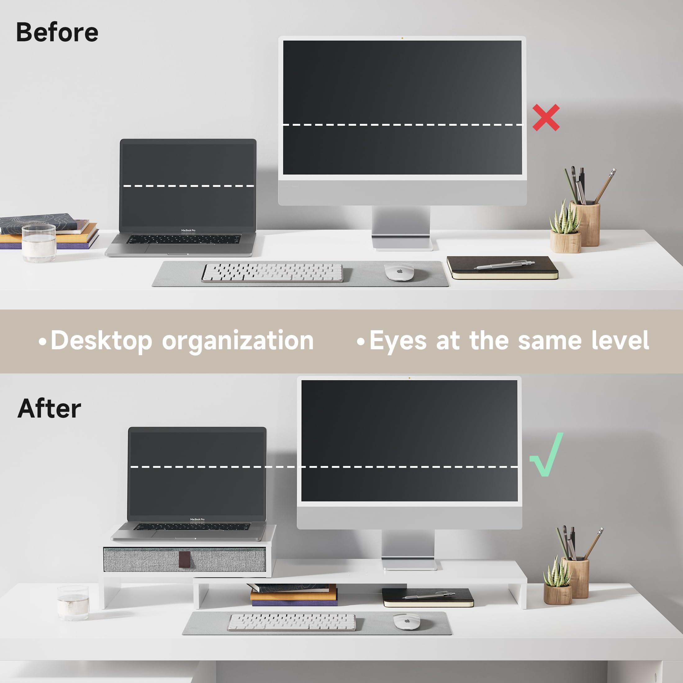 FENGE Dual Monitor Stand Riser with Storage Drawer - Adjustable 3-Tier Laptop & Screen Stand for Office, White | Perfect for Workspace Organization, Printer Shelf & Multi-Monitor Setup
