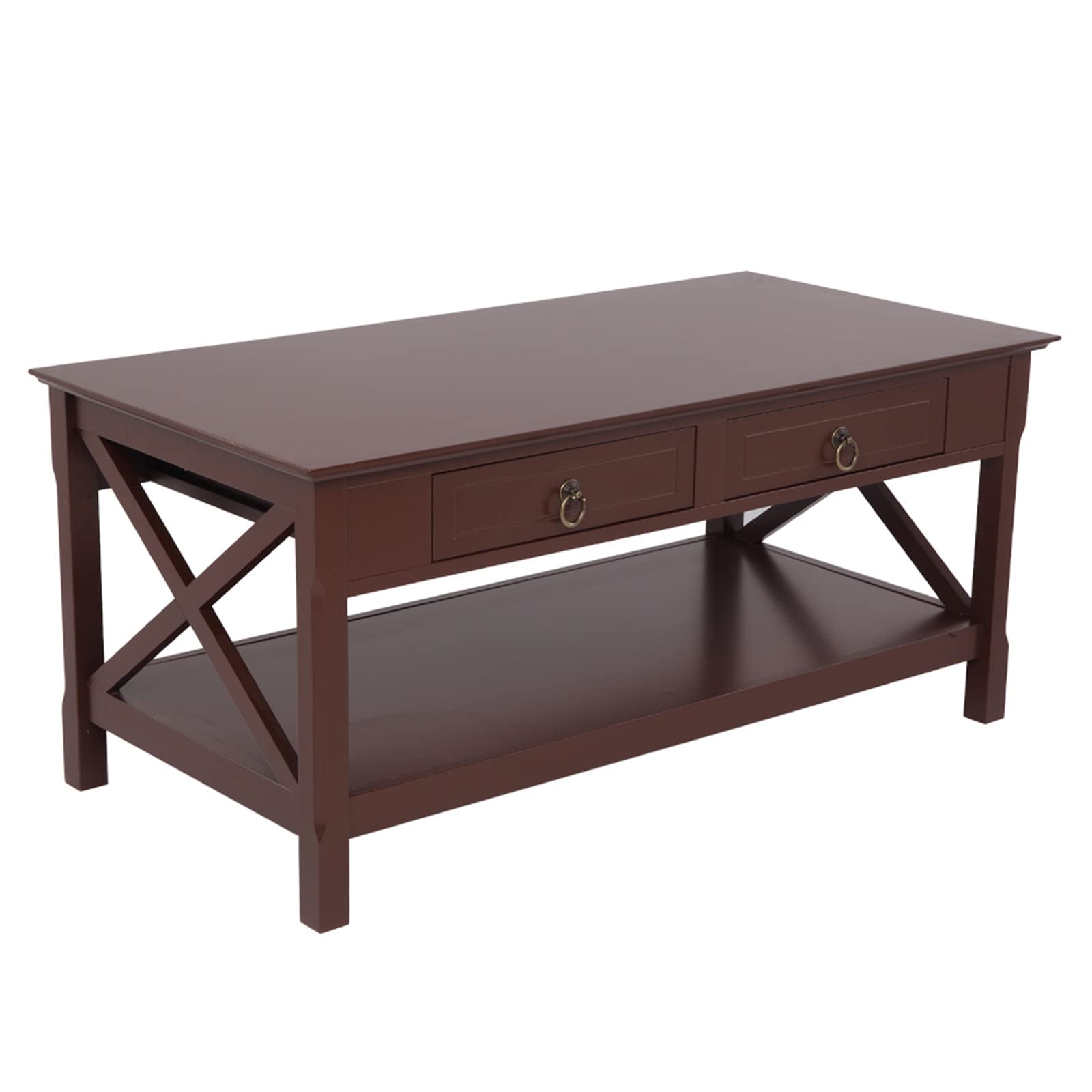 Solid Wood Coffee Table with Two-Pull Drawers and Crossed Legs - Rustic Brown Side Table for Living Room, Dining Room, Bedroom, Office - Perfect for Small Spaces, Coffee Storage, and Home Decor