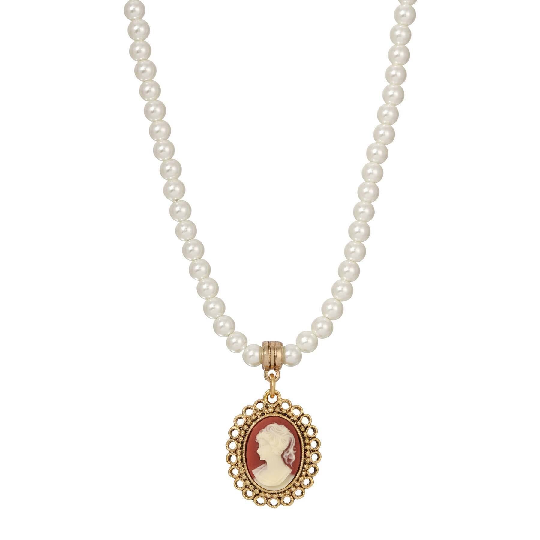 1928 Jewelry Carnelian Red Cameo Pendant Necklace with 8mm Faux Pearl Strand - 15+3 Inch Extender Chain - Perfect for Vintage Lovers & Special Occasions