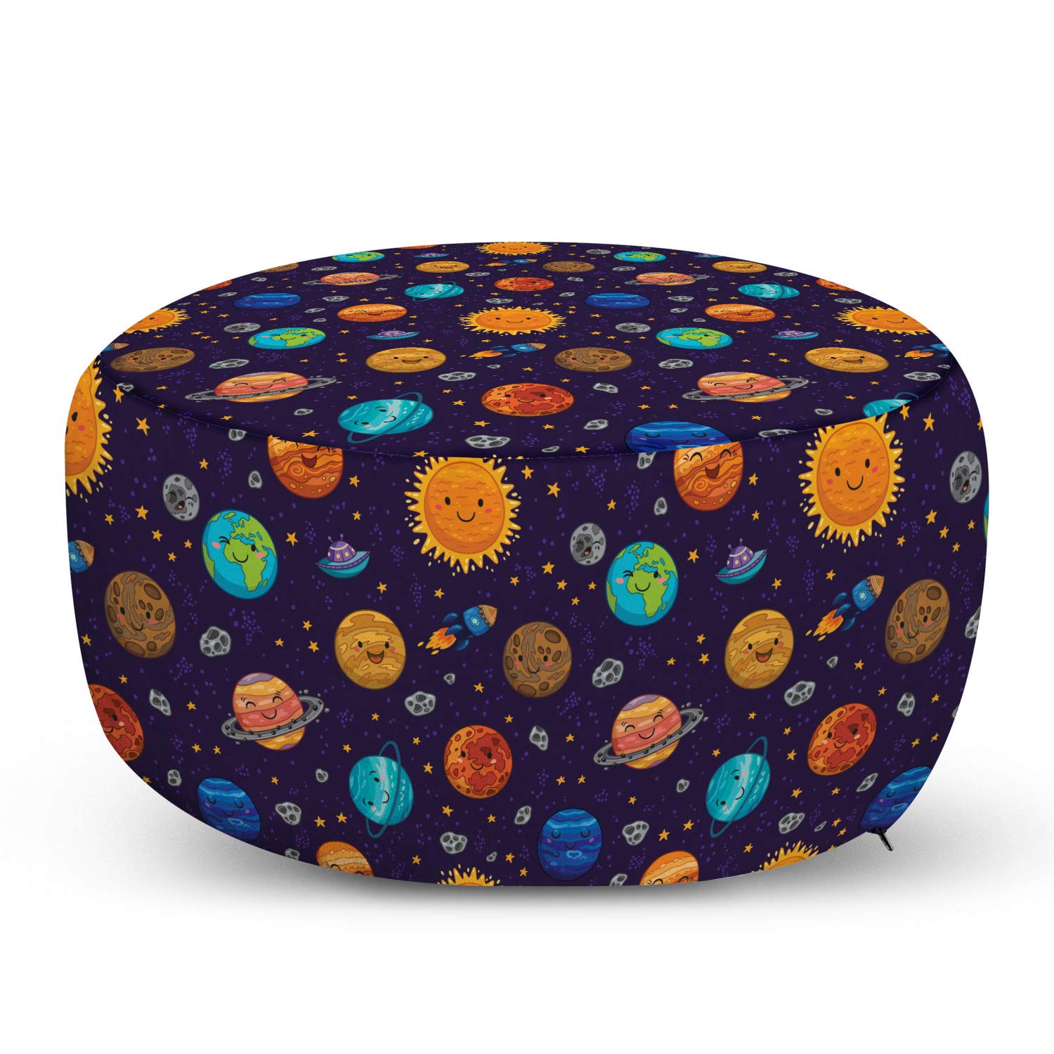 Ambesonne Space Ottoman Pouf - Colorful Solar System Design with Planets & Spaceships - Soft Foot Rest Stool with Removable Cover for Living Room & Bedroom Decor - Perfect for Relaxing, Gaming Rooms, or Kids' Space Theme Decor