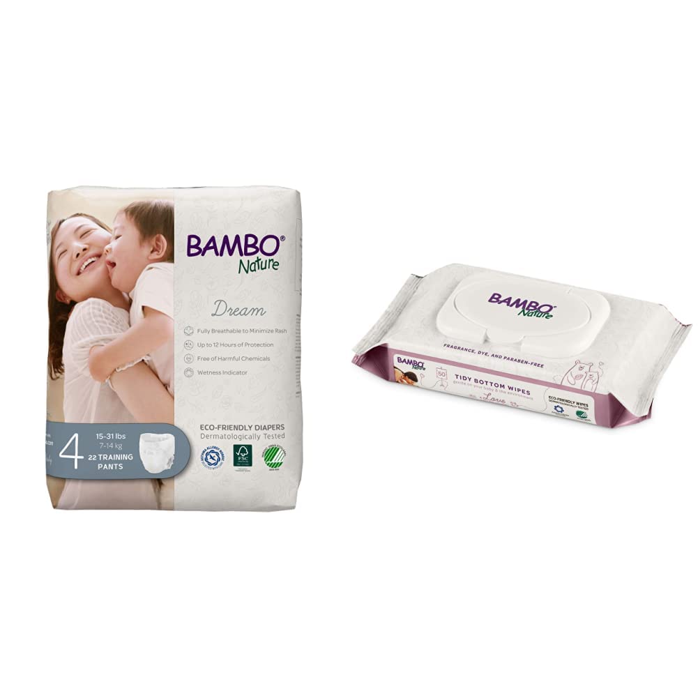 Bambo Nature Premium Eco-Friendly Training Pants Size 4 (110 Count) & Bambo Nature Tidy Bottoms Biodegradable Baby Wipes (1200 Count) Bundle - Sustainable Potty Training Essentials for Toddlers & Gentle Diaper Changes at Home or On-the-Go