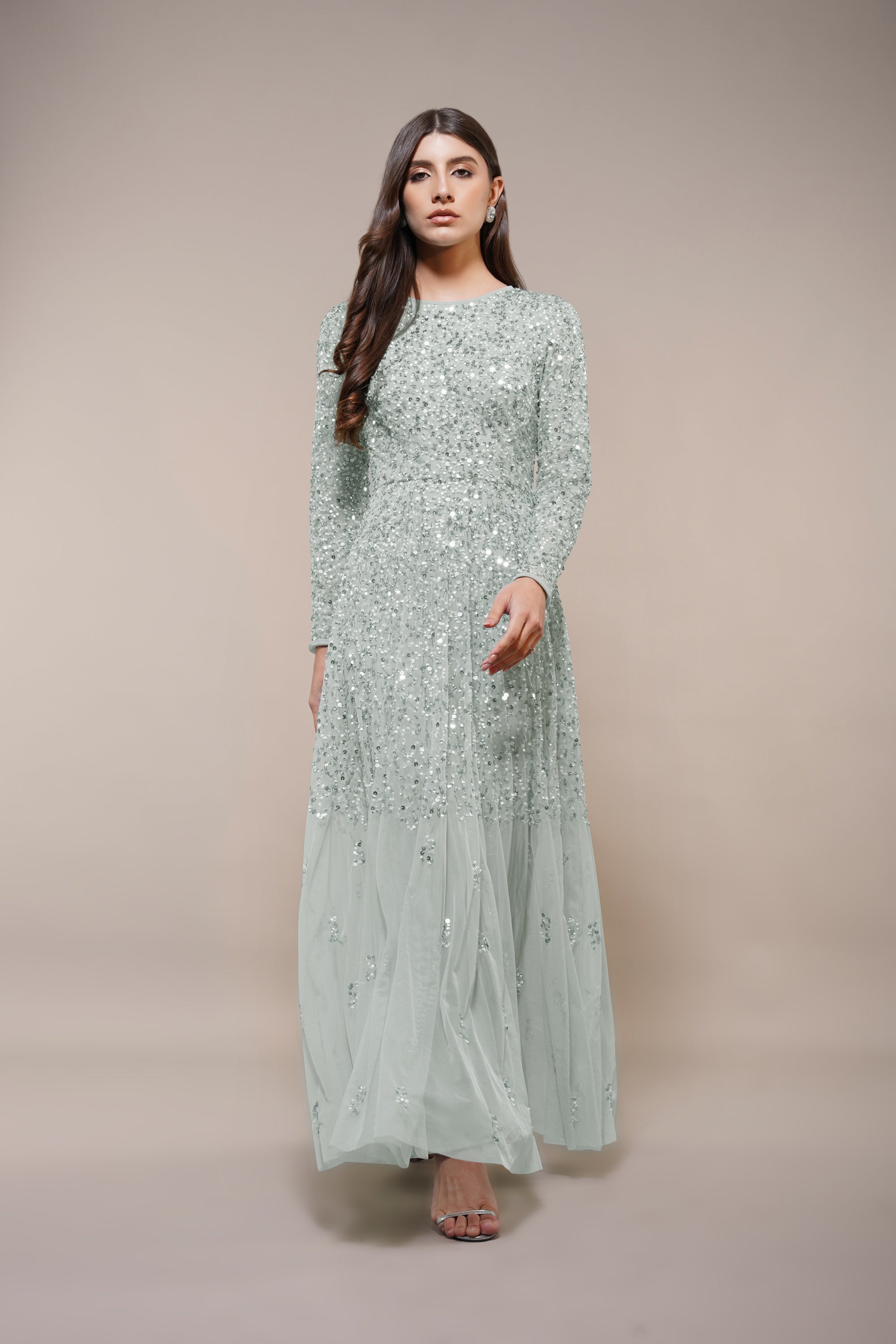Elegant Sage Green Long Sleeve Embellished Maxi Dress for Women | Boho Chic Evening Gown with Floral Details | Perfect for Weddings, Parties & Special Occasions