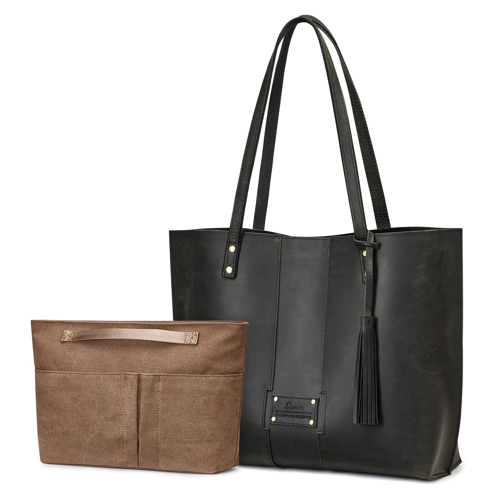 Vintage Genuine Leather Tote Bag for Women - Removable Canvas Pouch & Shoulder Strap - Stylish Handbag for Work, Travel & Everyday Use