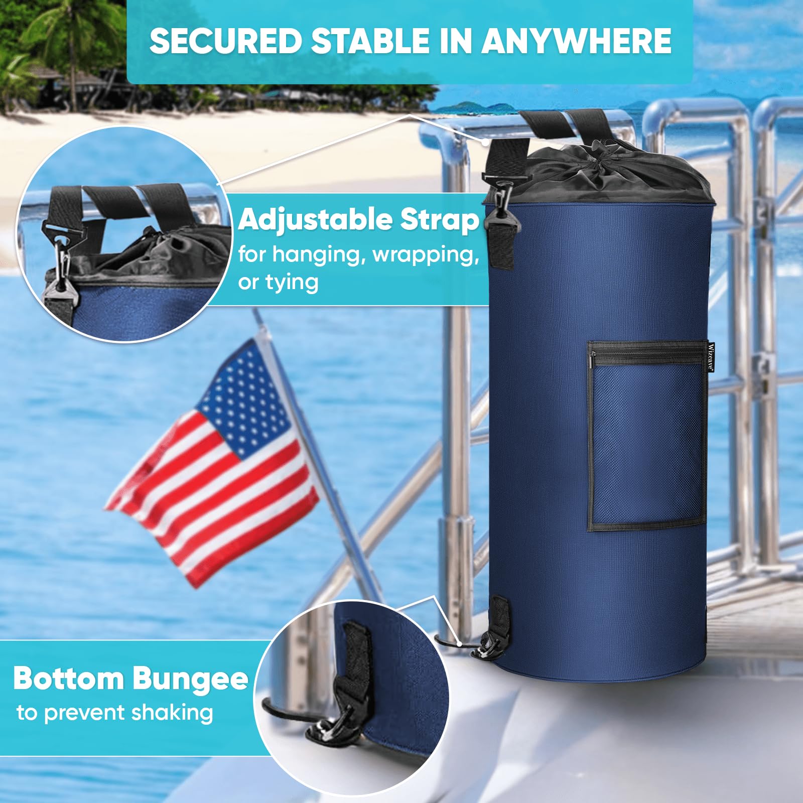 **Wizcave Leakproof Boat Trash Bag – Portable & Reusable 10-13 Gallon Garbage Can with Clips – Ideal for Pontoon Boats, Kayaks, Camping & RV Trips – Navy Blue – Perfect for Marine Storage & Outdoor Adventures**