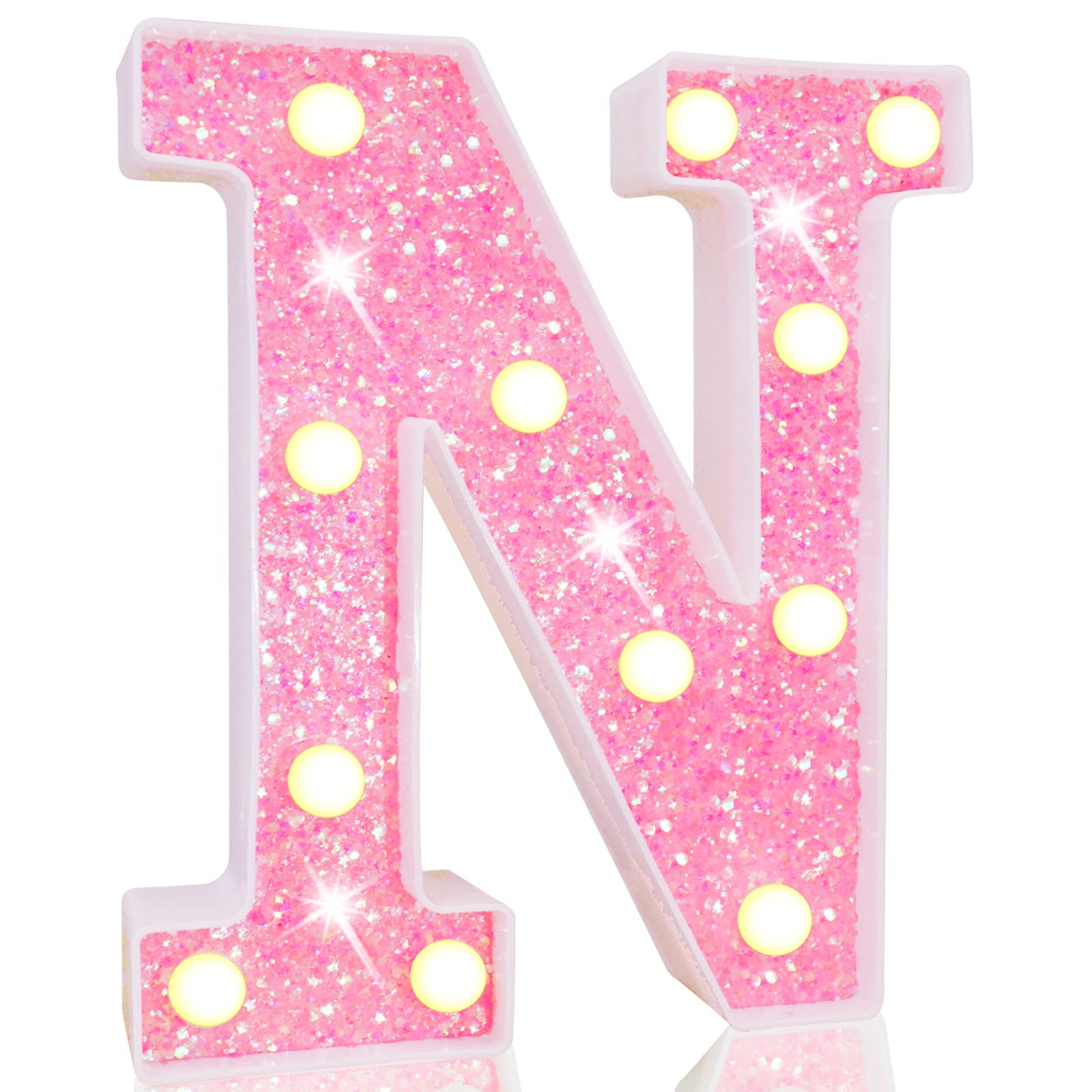 Pooqla Pink LED Marquee Letter N - Battery Powered Glitter Alphabet Light Sign for Night Light, Birthday Party, Wedding, Home Bar & Christmas Decoration - Perfect Gift for Girls & Women (Pink Letter N)