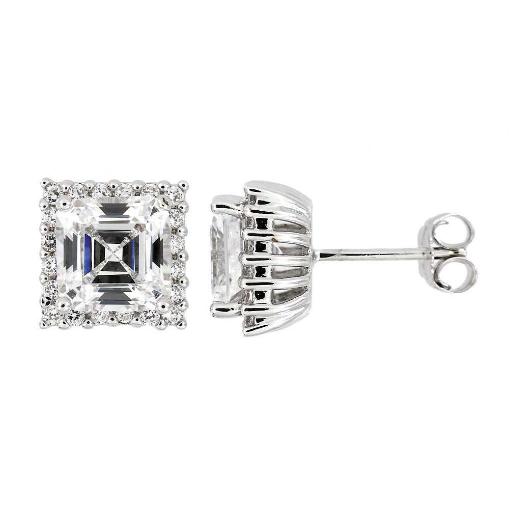 Rhodium Plated Sterling Silver Halo Asscher Cut Cubic Zirconia Earrings with Round Side Stones | Elegant Jewelry for Weddings, Parties & Special Occasions