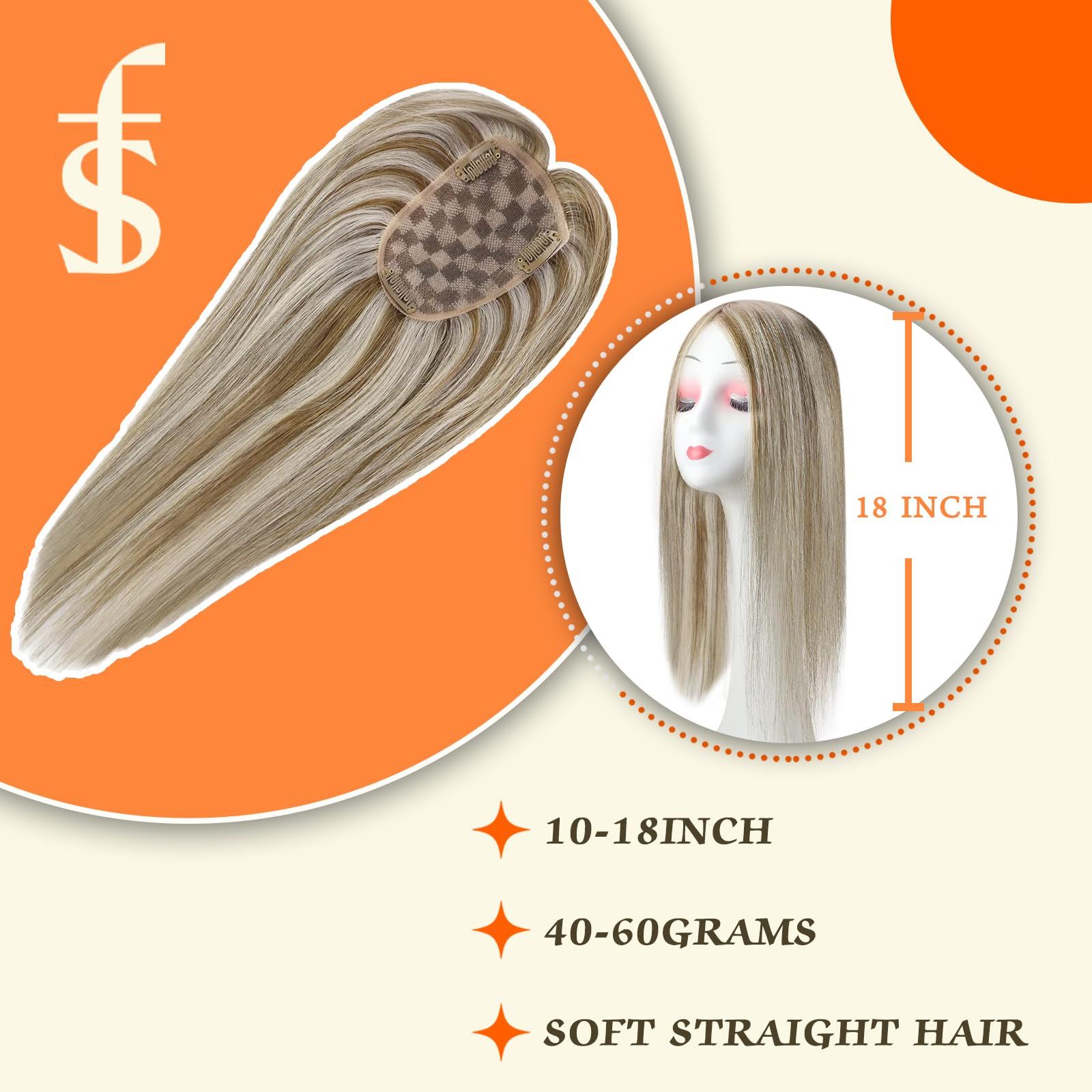 18 Inch Ash Brown Highlights Light Blonde Clip-In Hair Toppers for Women - Real Human Hair 3x5 Inch Hairpiece for Thinning Hair - Brazilian Virgin Hair Extensions for Daily Wear, Parties & Special Occasions