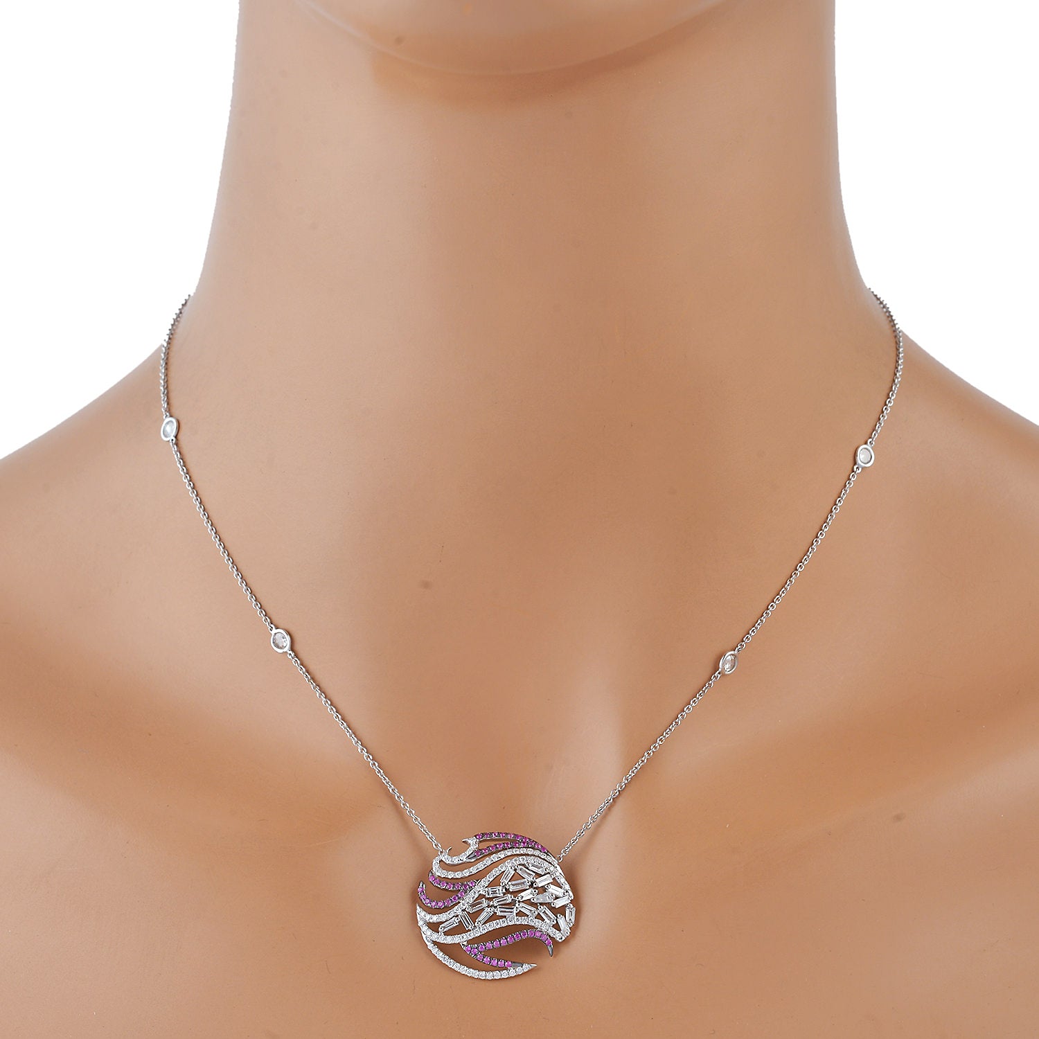 18K White Gold Pink Sapphire and Diamond Choker Necklace - Elegant Pave Baguette Cluster Jewelry for Women, Perfect for Weddings, Parties, and Special Occasions