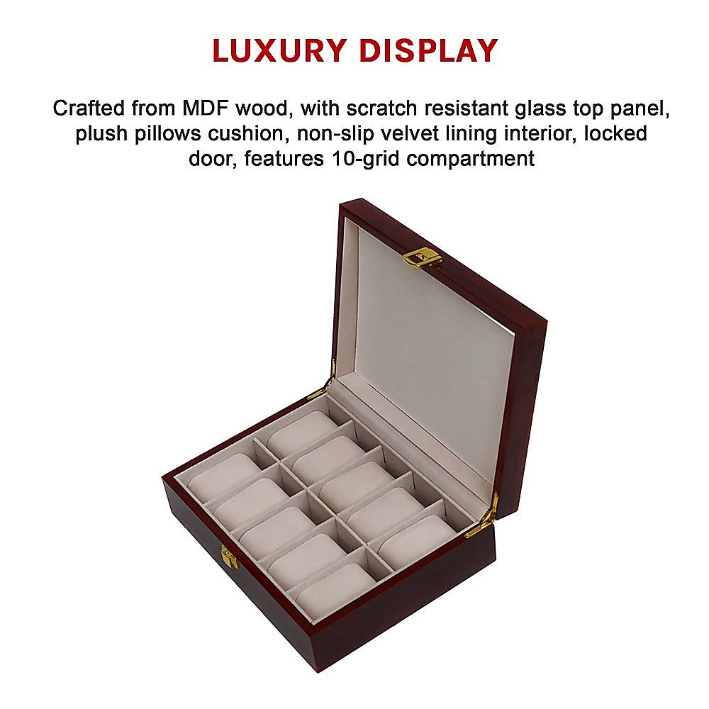 10-Slot Wooden Watch Display Case with Glass Top - Jewelry Storage Box for Watches, Rings, Necklaces - Perfect for Home, Office, and Retail Store Display