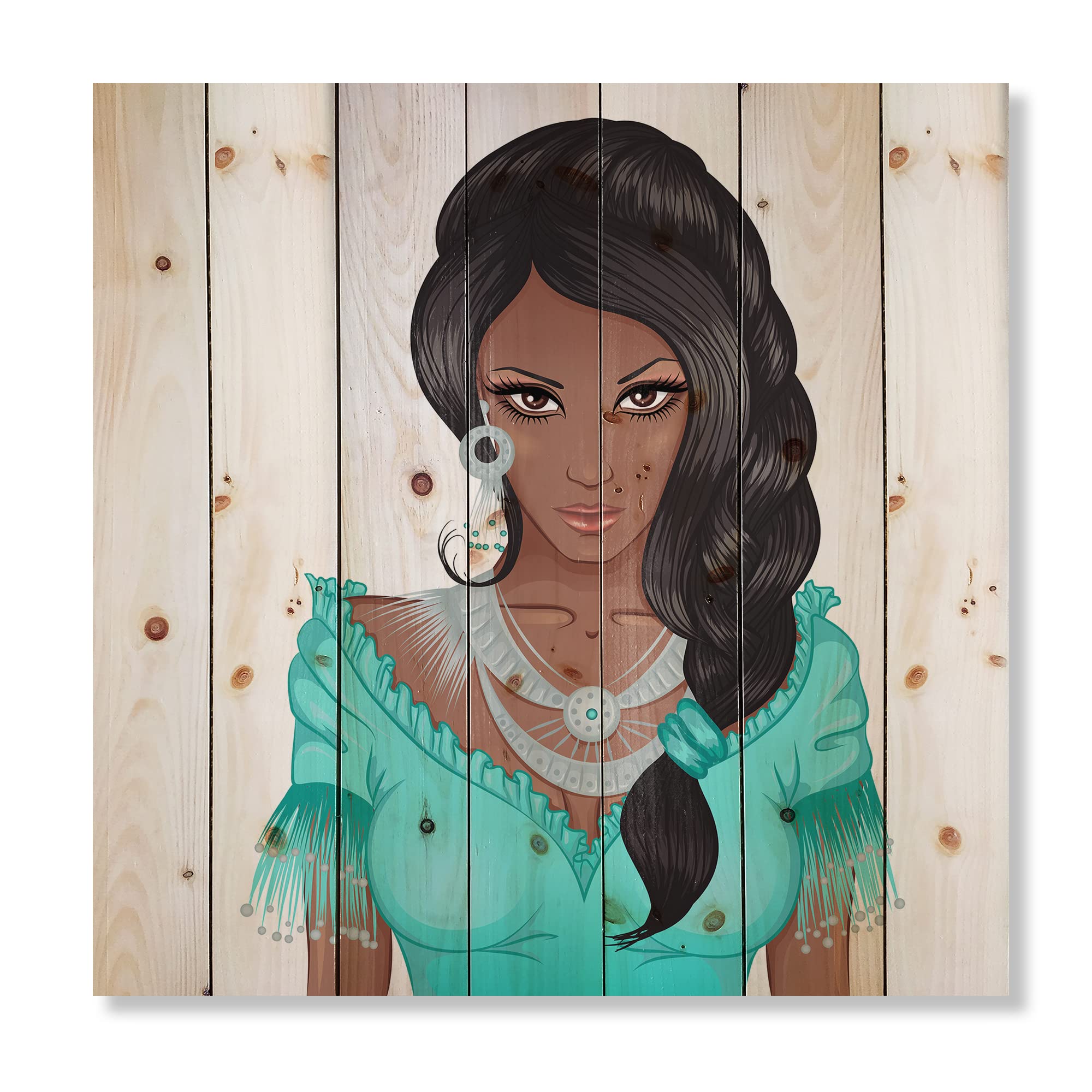 African American Woman Portrait XVI - Modern Wood Wall Art Decor, Blue Contemporary Wood Panel Print on Natural Pine, Large People Wall Art for Living Room, Bedroom & Office Decor