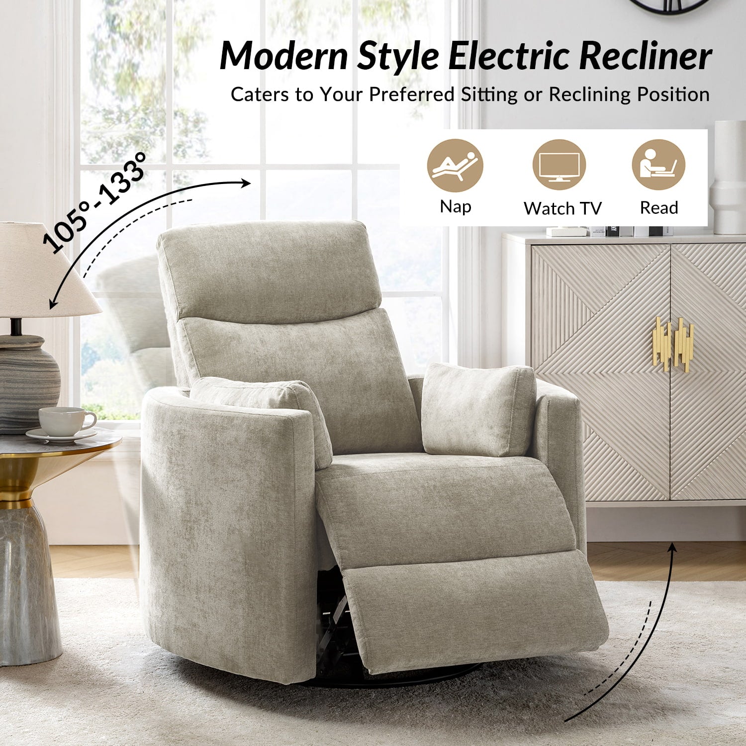 Monica Swivel Rocker Power Recliner Chair with Adjustable Headrest & Lumbar Support - Optional Removable Pillows - Perfect for Living Room, Home Theater & Relaxation