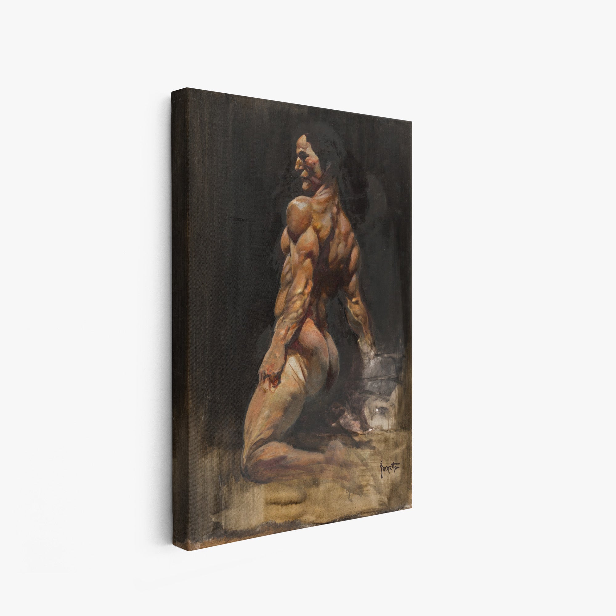 Man Kneeling Canvas Wrap Wall Art - Handmade Stretched Framed Print for Home & Office Decor - Perfect for Living Room, Bedroom, or Gift