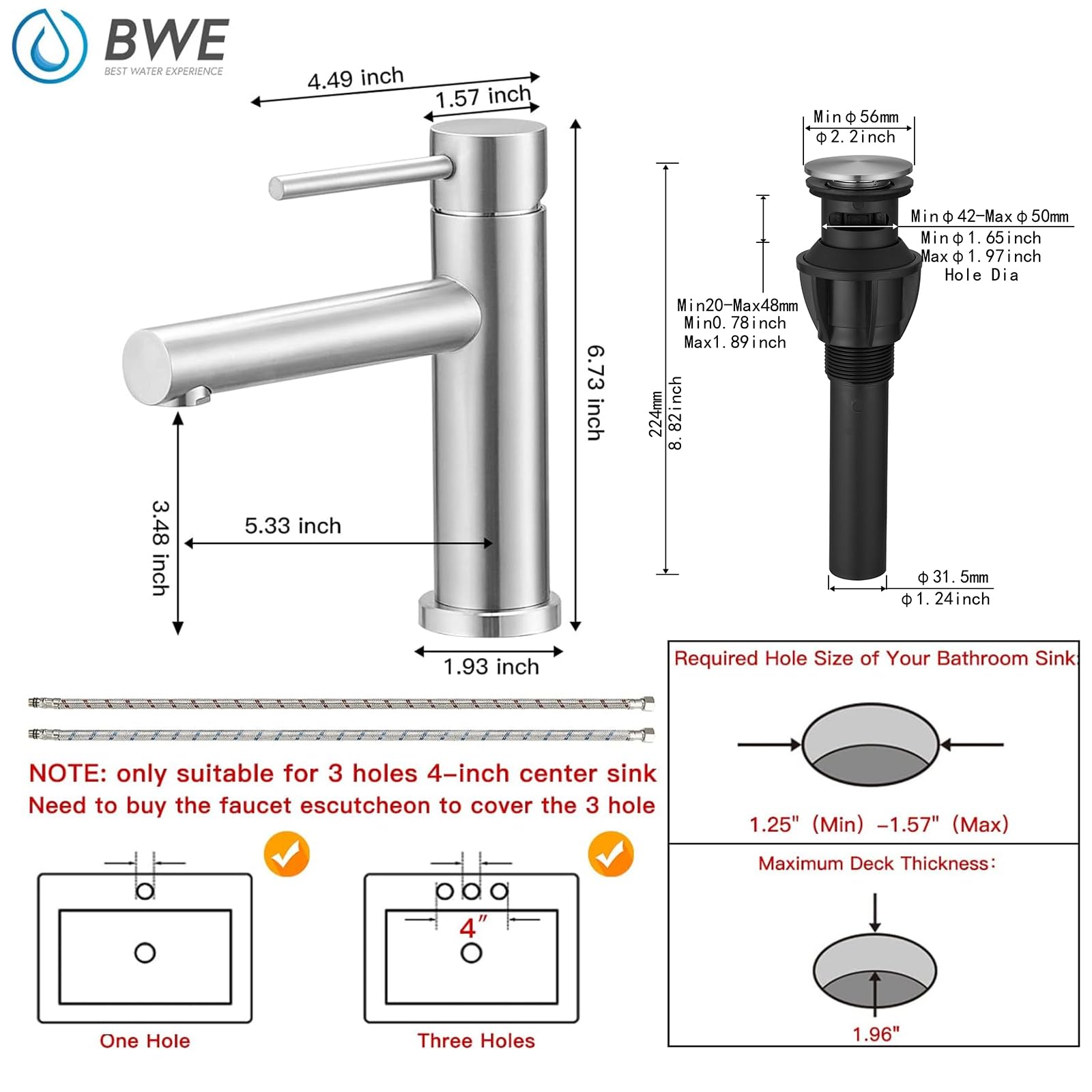 BWE Brushed Nickel Single Hole Bathroom Sink Faucet - Modern Water Saving Single Handle Lavatory Faucet with Pop-Up Drain & Supply Lines - Perfect for Vanity, Guest Bath & Powder Room Upgrades