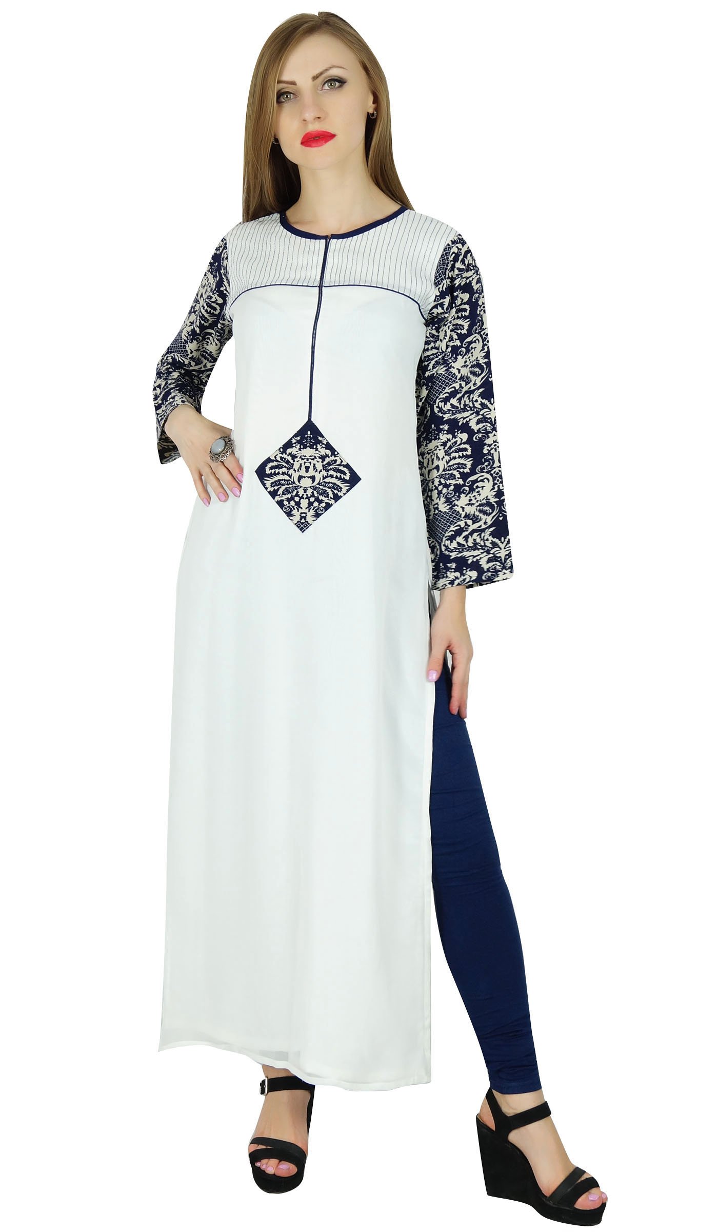 Bimba Women's White Lawn Kurta Kurti - Georgette Long Sleeve Blouse for Casual Wear & Festive Occasions | Perfect Gift for Women