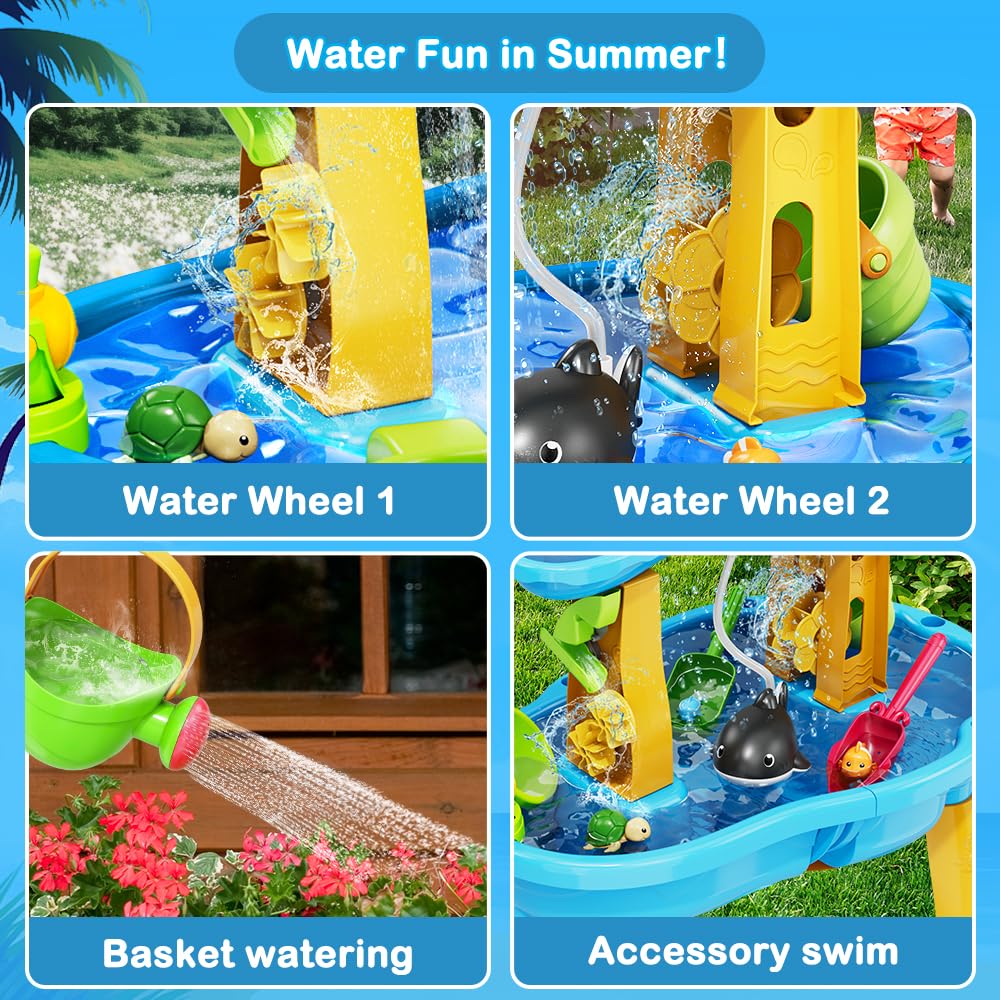 VATOS 3-Tier Sand & Water Play Table for Kids - Outdoor Water Toys with Pump & Umbrella - Sensory Activity Table for Toddlers Boys & Girls - Perfect for Backyard, Garden & Summer Water Play
