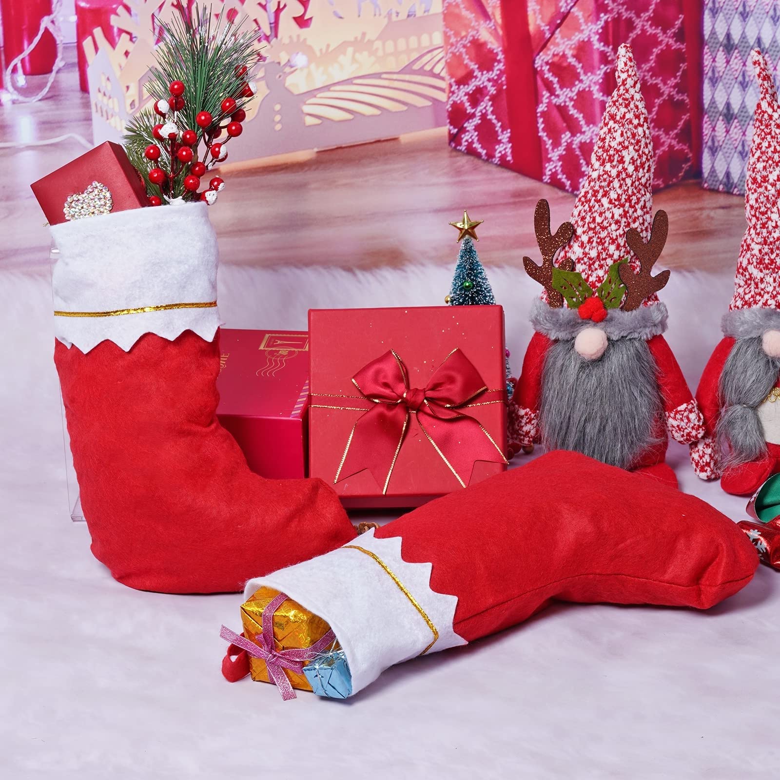 Wittocs 12 Pack Red Felt Christmas Stockings Bulk - Holiday Decorations for Fireplace Mantel, Tree Decor, Gift Giving & Festive Home Decor