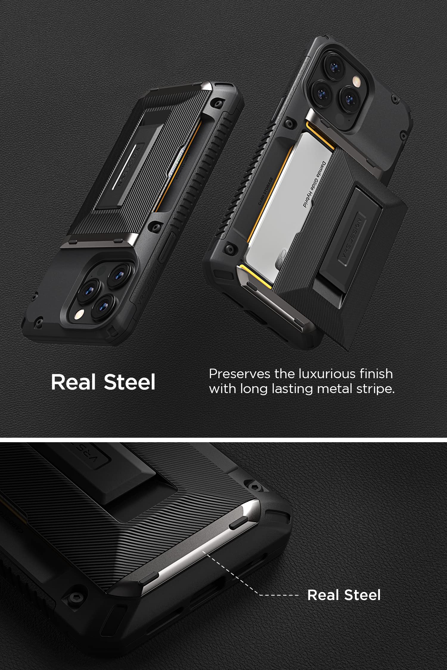 VRS DESIGN Damda Glide Hybrid Protective Phone Case for iPhone 14 Pro Max (2022) - Slim Card Slot Holder with Kickstand, Shockproof & Durable Cover - Perfect for Work, Travel and Everyday Use (Groove Black)
