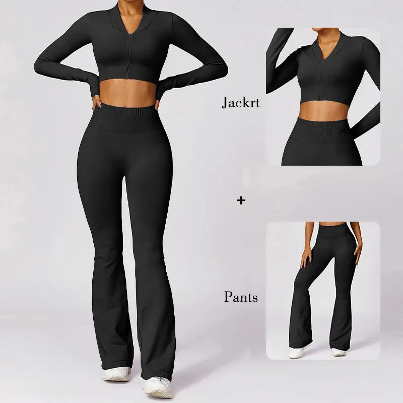 2 Pcs Women's Workout Set - Flared Yoga Pants & Long Sleeve Top - Quick Dry Gym Clothes for Women - Perfect for Yoga, Pilates & Fitness Training