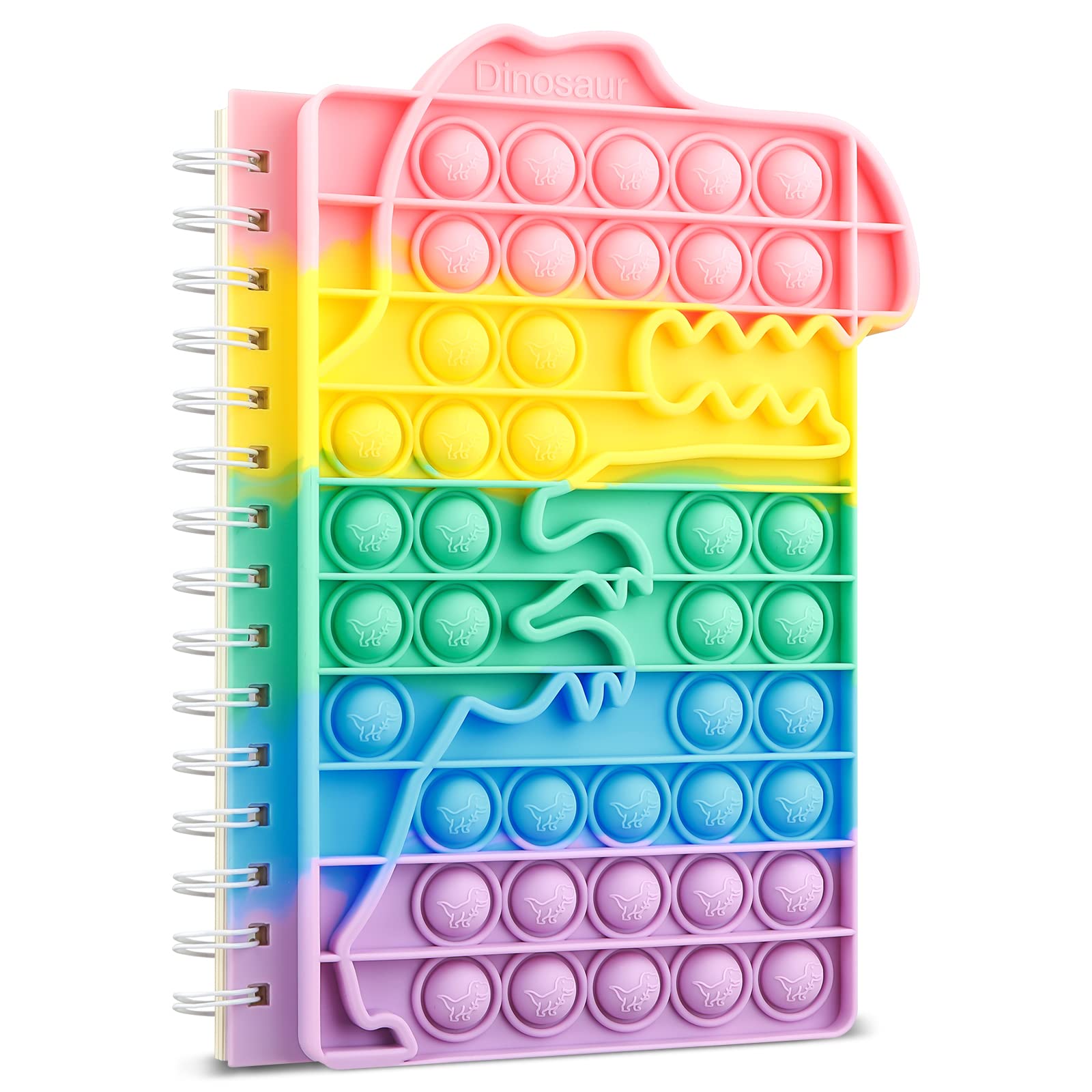 Aemotoy Pop Spiral Notebook - A5 50-Sheet Colorful Silicone Bubble Stress Relief Notebook for School, College & Office - Cute Rainbow Dinosaur Design for Boys & Girls | Perfect for Note Taking, Journaling & Gift Giving