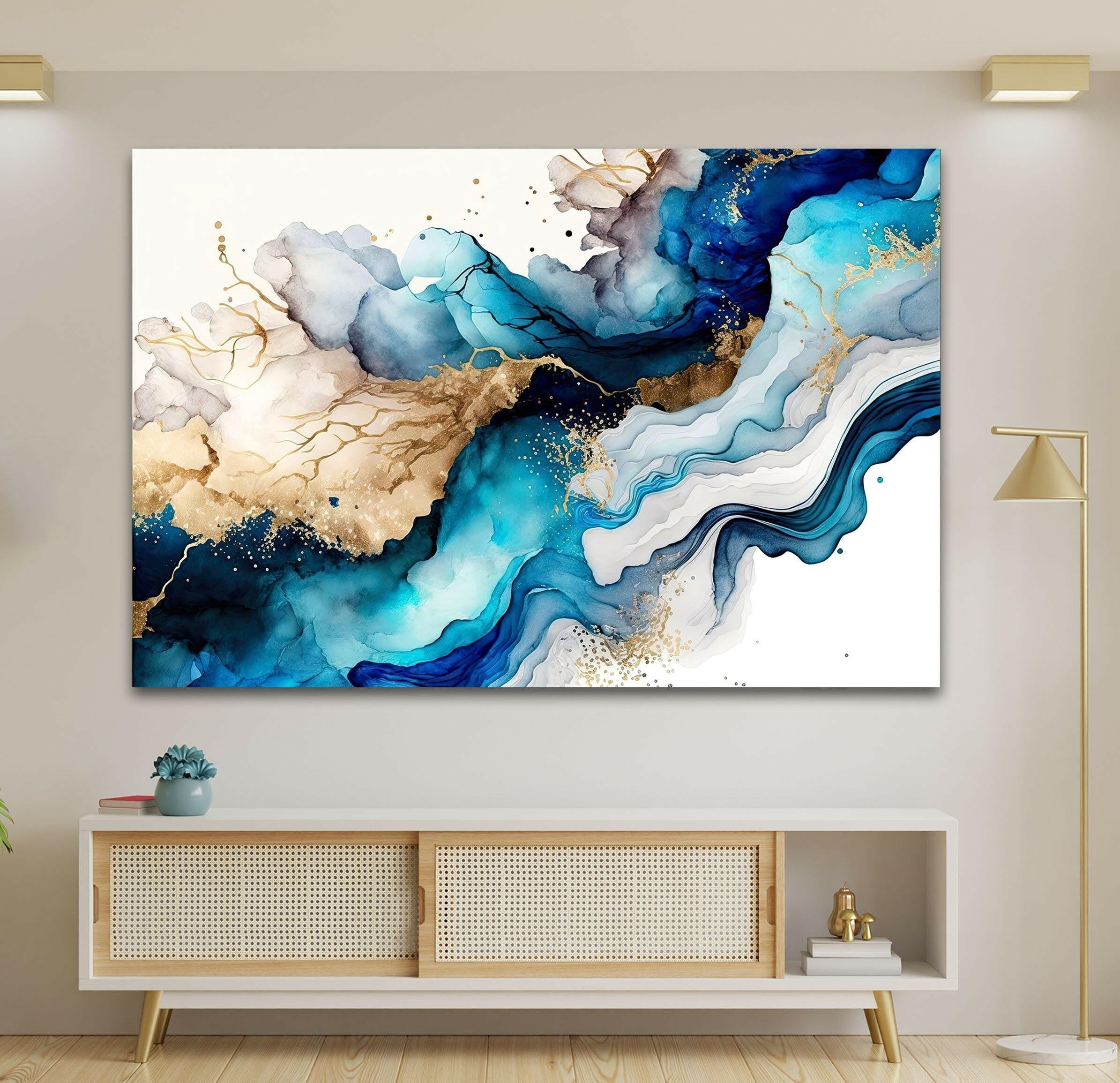 Blue and Gold Fluid Abstract Glass Wall Art - Modern Handmade Home Decor for Living Room, Bedroom, Office | Unique Gift Idea for Housewarming, Wedding