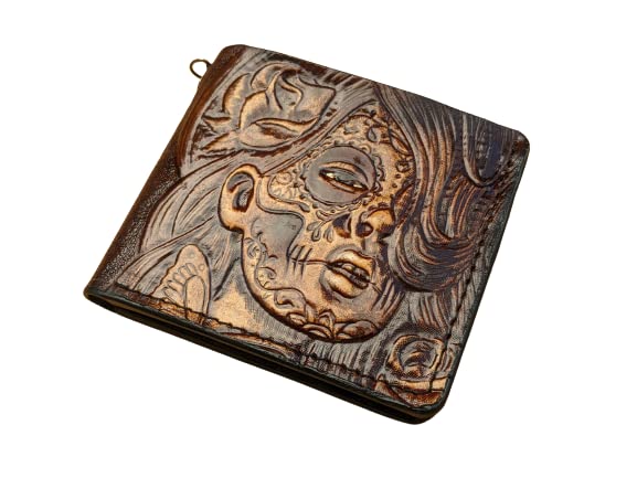 Handcrafted 3D Genuine Leather Bifold Wallet - Mexican Day of the Dead Sugar Skull Carved Design, Custom Personalized Airbrush Art Wallet for Men | Perfect Gift for Father's Day, Birthday & Everyday Use