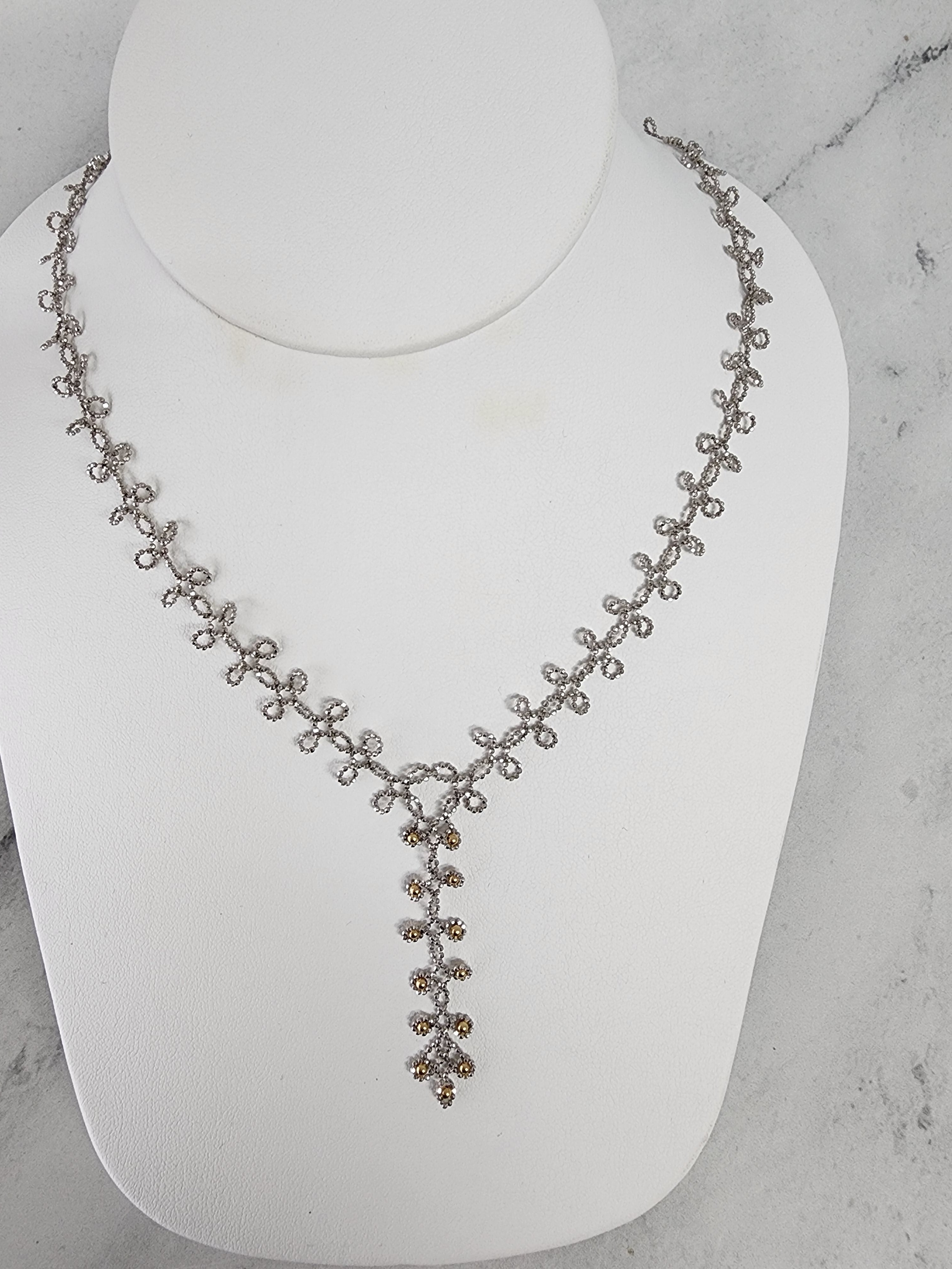 14K Yellow & White Gold Beaded Leaf Drop Necklace - Elegant Dainty Jewelry for Women, Perfect for Weddings, Parties & Everyday Wear