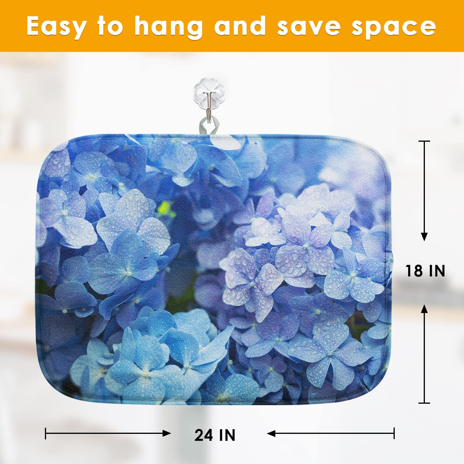Sanwarm Absorbent Dish Drying Mat - Blue Purple Hydrangea Flower Microfiber Kitchen Counter Pad | Heat Resistant & Reversible (18