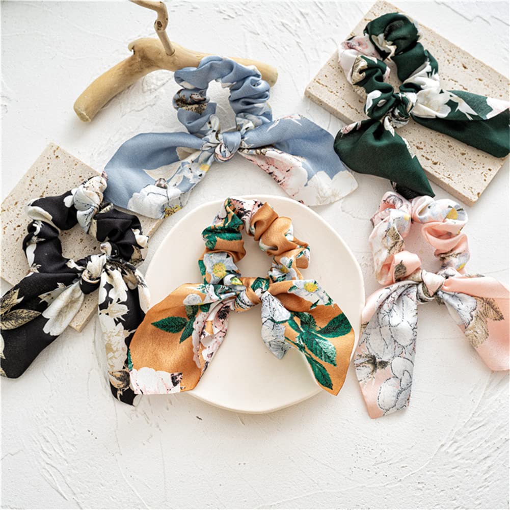 5PCS Floral Print Hair Scarf Scrunchies with Chiffon Ribbon - Soft Ponytail Holders & Hair Ties for Women | Perfect for Work, Gym, and Everyday Styling