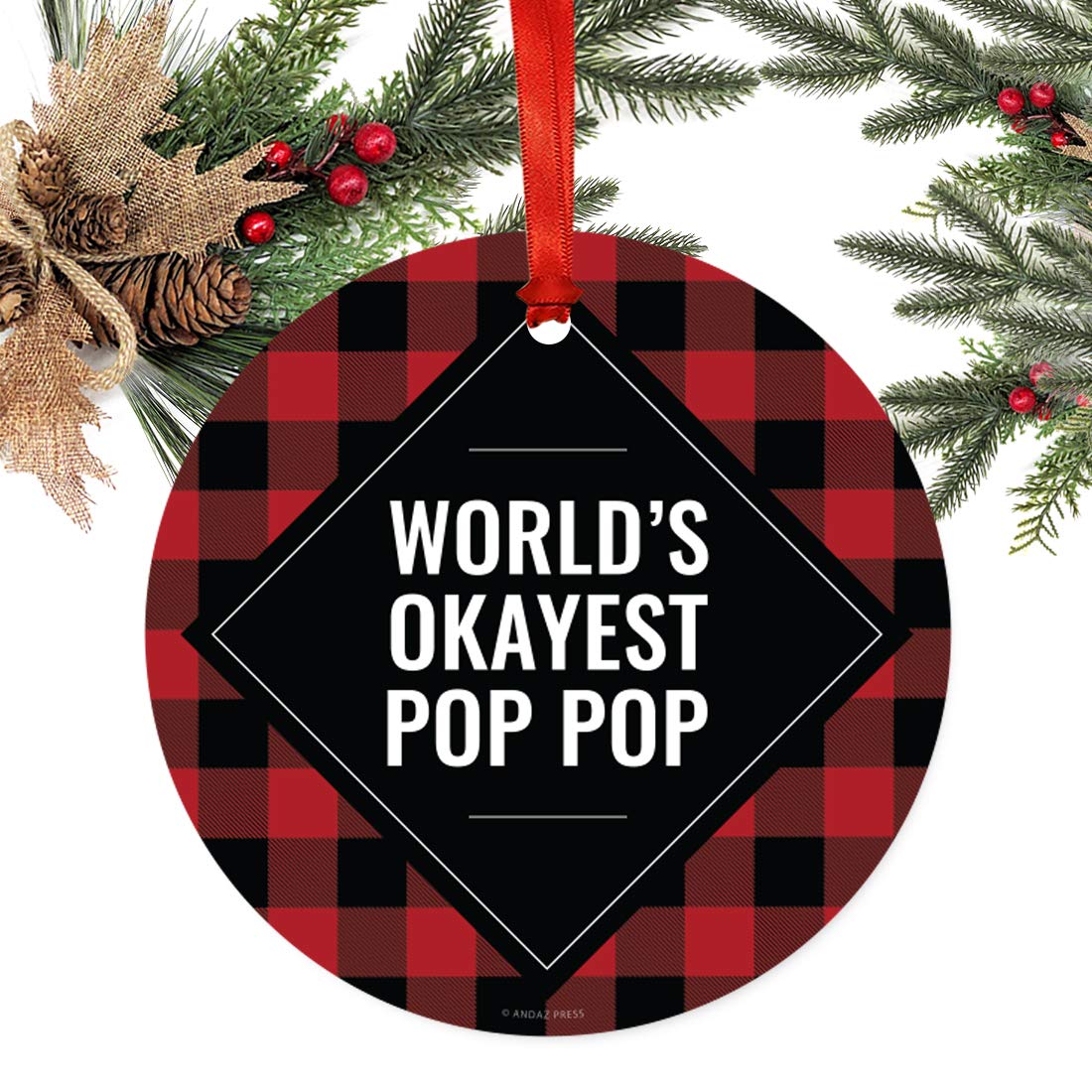 Funny Round Metal Christmas Ornament - World's Okayest Pop Pop Gift - Buffalo Red Black Plaid Design - 1-Pack with Ribbon & Gift Bag - Perfect for Tree Decor, Stocking Stuffers & Holiday Gifts