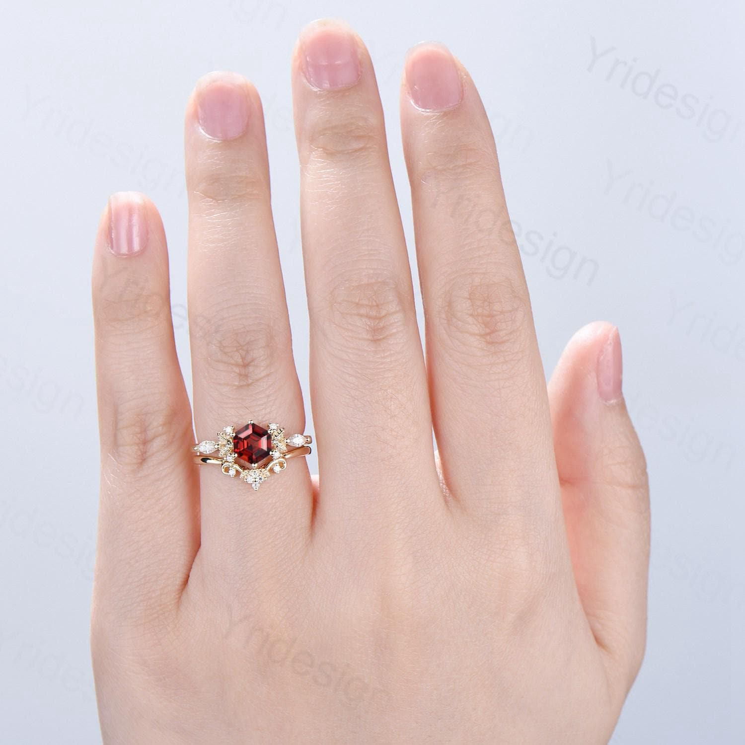 14K Yellow Gold Hexagon Garnet Engagement Ring Set - Nature Inspired Leaf Vine Wedding Band - January Birthstone Jewelry for Women - Perfect for Proposals, Anniversaries & Special Occasions