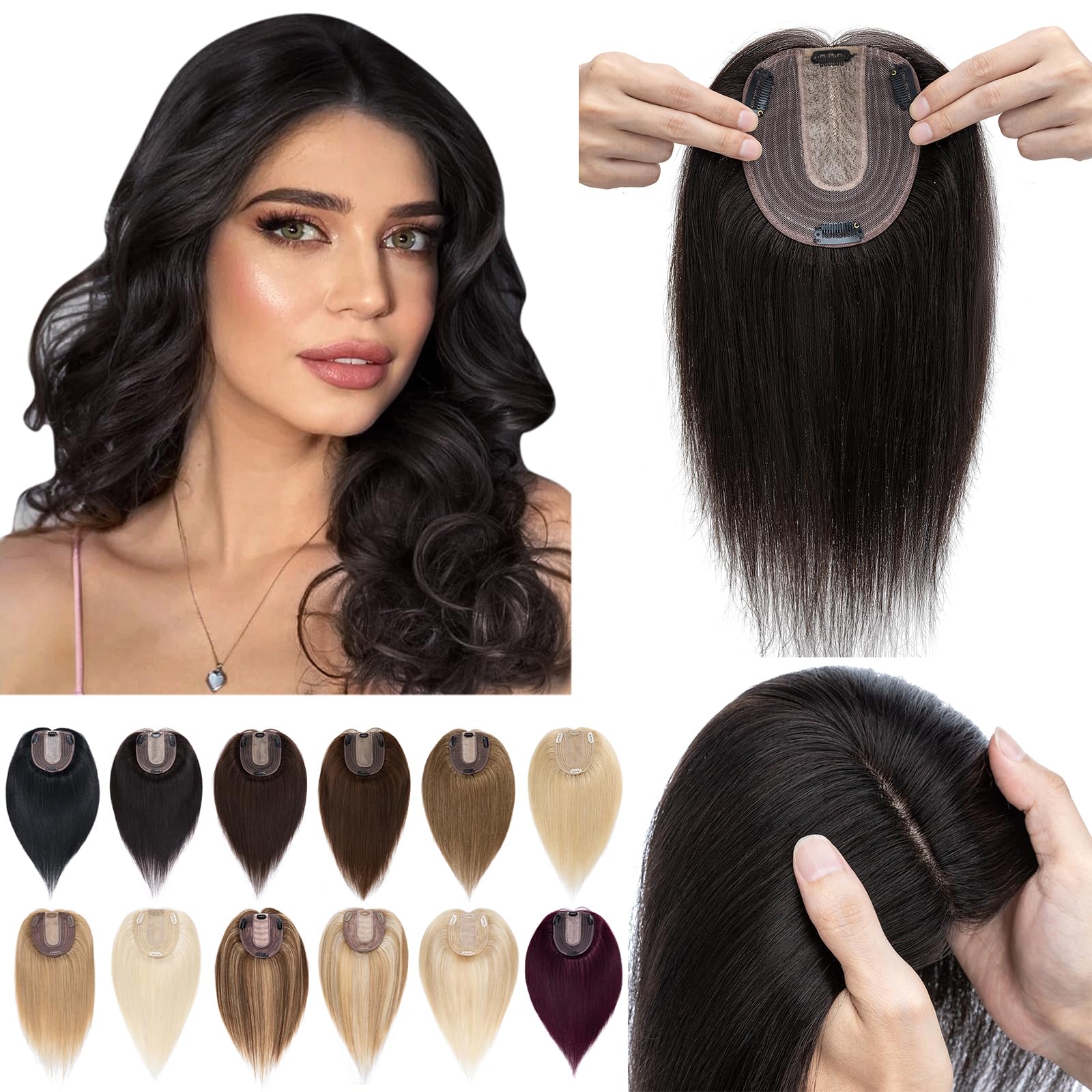 SEGO Real Human Hair Toppers for Women - No Bangs, 130% Density, 10x12cm Silk Base, 100% Remy Human Hair Clip-in Top Wiglet for Thinning Hair (16 Inch, Natural Black) - Perfect for Daily Wear, Special Occasions & Hair Volume Enhancement