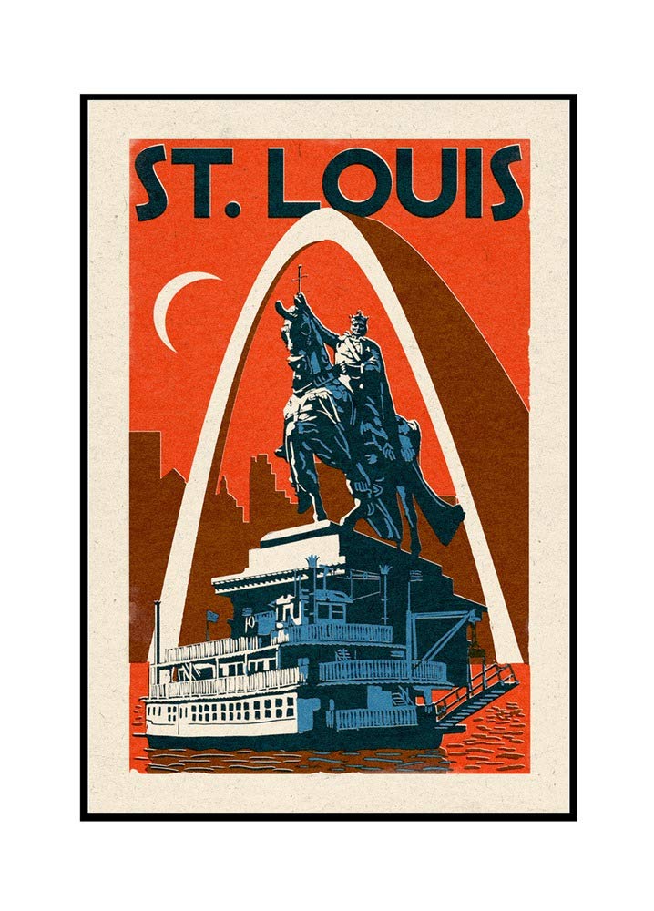 St. Louis Missouri Skyline Woodblock Art Print - 24x36 Inch Framed Gallery Wrapped Canvas Wall Decor - Perfect for Home, Office & Gift Giving