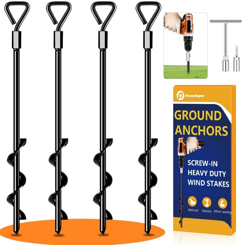 Heavy Duty Ground Anchors & Screw-in Tent Stakes Kit - 4 Pack for High Winds, Camping Tents, Canopies, Trampolines, Sheds, Swing Sets & Mobile Homes | Secure Outdoor Equipment in Storms & Strong Winds