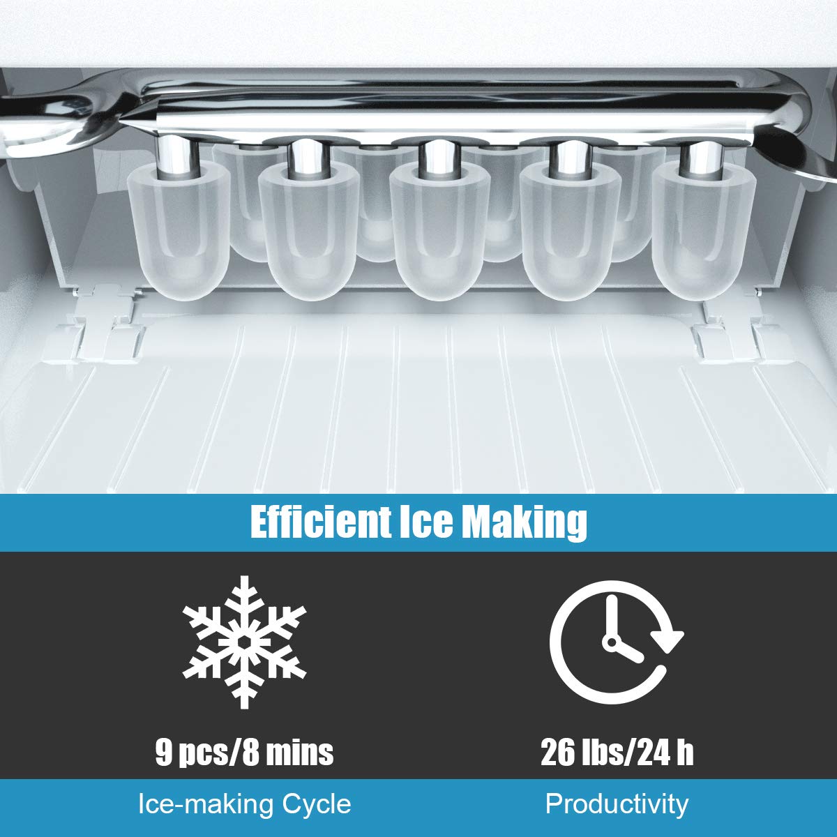 Posdutti Countertop Ice Maker Machine - 26Lbs/24H, 8-Minute Fast Ice Production, Bullet-Shaped Ice Cubes, Self-Cleaning, Includes Basket & Scoop - Perfect for Home, Office, Parties & Outdoor Activities (Silver)