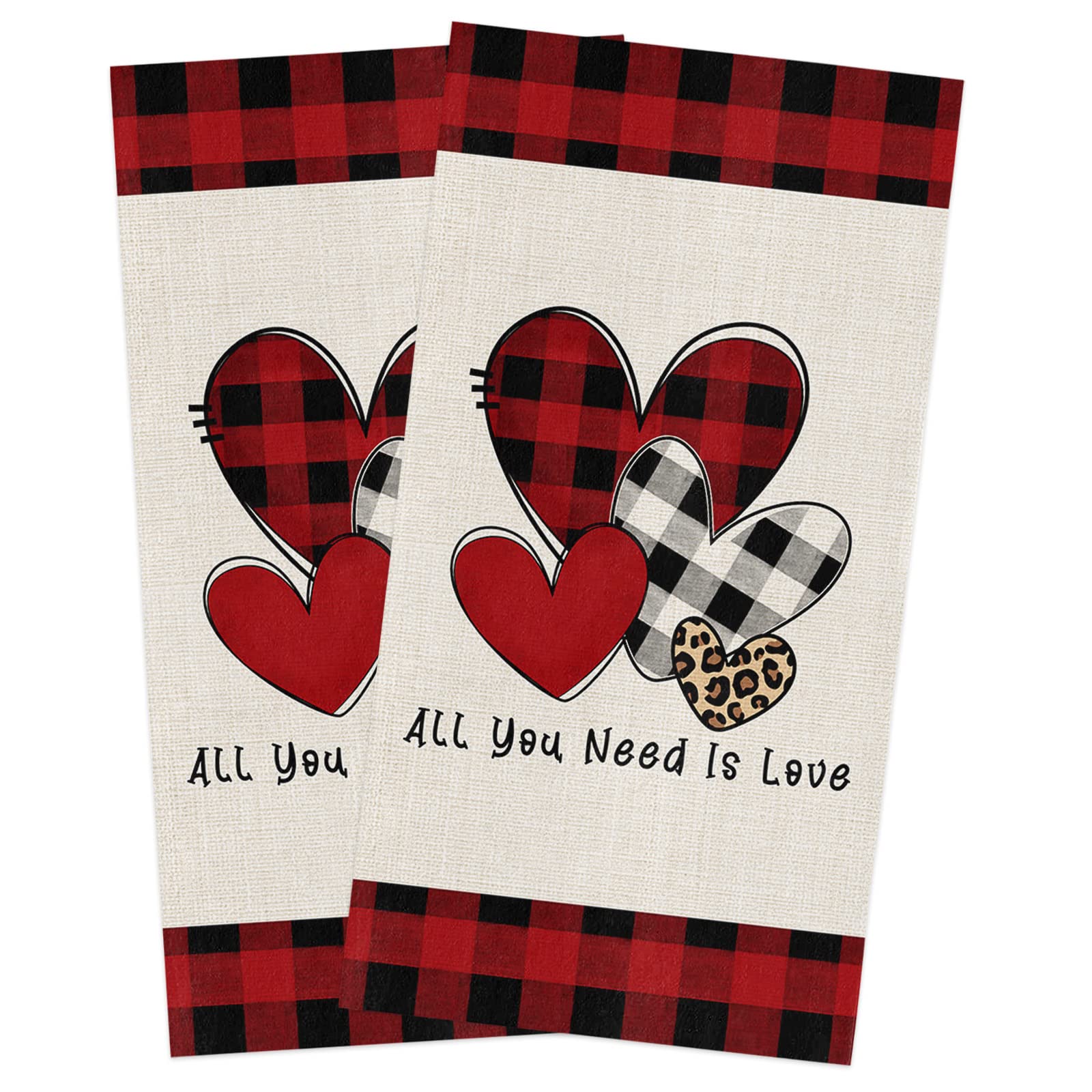 Premium Microfiber Kitchen Towels Set of 2 - Super Absorbent & Reusable Dish Towels (18x28 Inch) - Valentine's Day Heart Pattern & Buffalo Plaid Design for Cooking, Cleaning & Bar Use - Ideal for Dish Drying, Counter Wiping & Glass Polishing