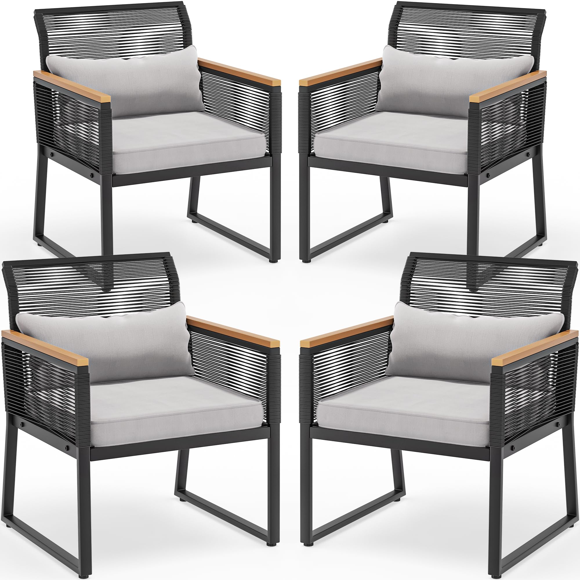 YITAHOME 4-Piece Patio Dining Chair Set, All-Weather Wicker Outdoor Furniture with Wood Armrests & Cushions - Black & Light Gray - Perfect for Backyard, Deck, Garden, and Poolside Dining
